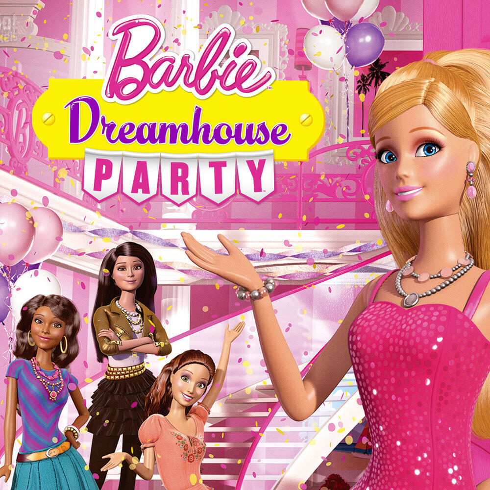 Okładka gry Barbie Dreamhouse Party. Barbie z przyjaciółkami, w różowym pokoju, balony i dekoracje.