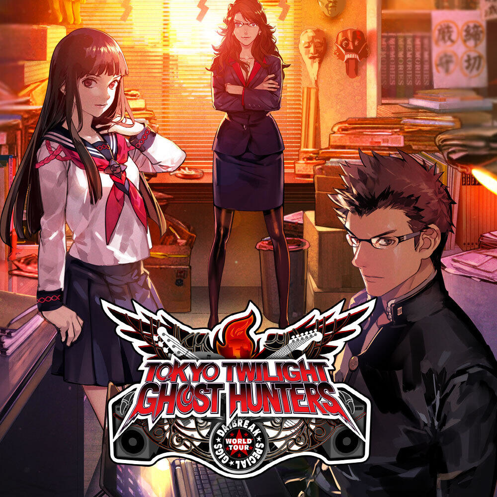 Tokyo Twilight Ghost Hunters. Tres personajes con un paisaje urbano de fondo. Logotipo del juego prominente.