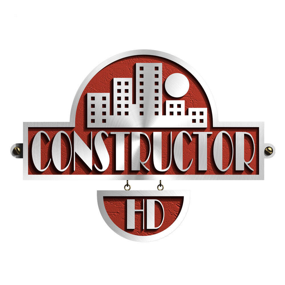 Logo Constructor HD con sfondo rosso e design skyline. Cornice metallica argentata.