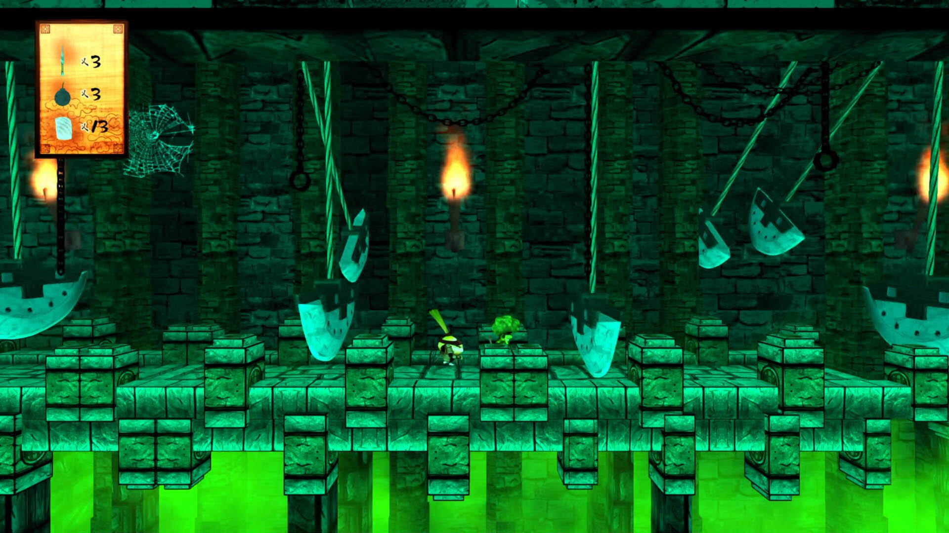 Scena gry w lochu. Postać i obiekty w zielono oświetlonym otoczeniu.