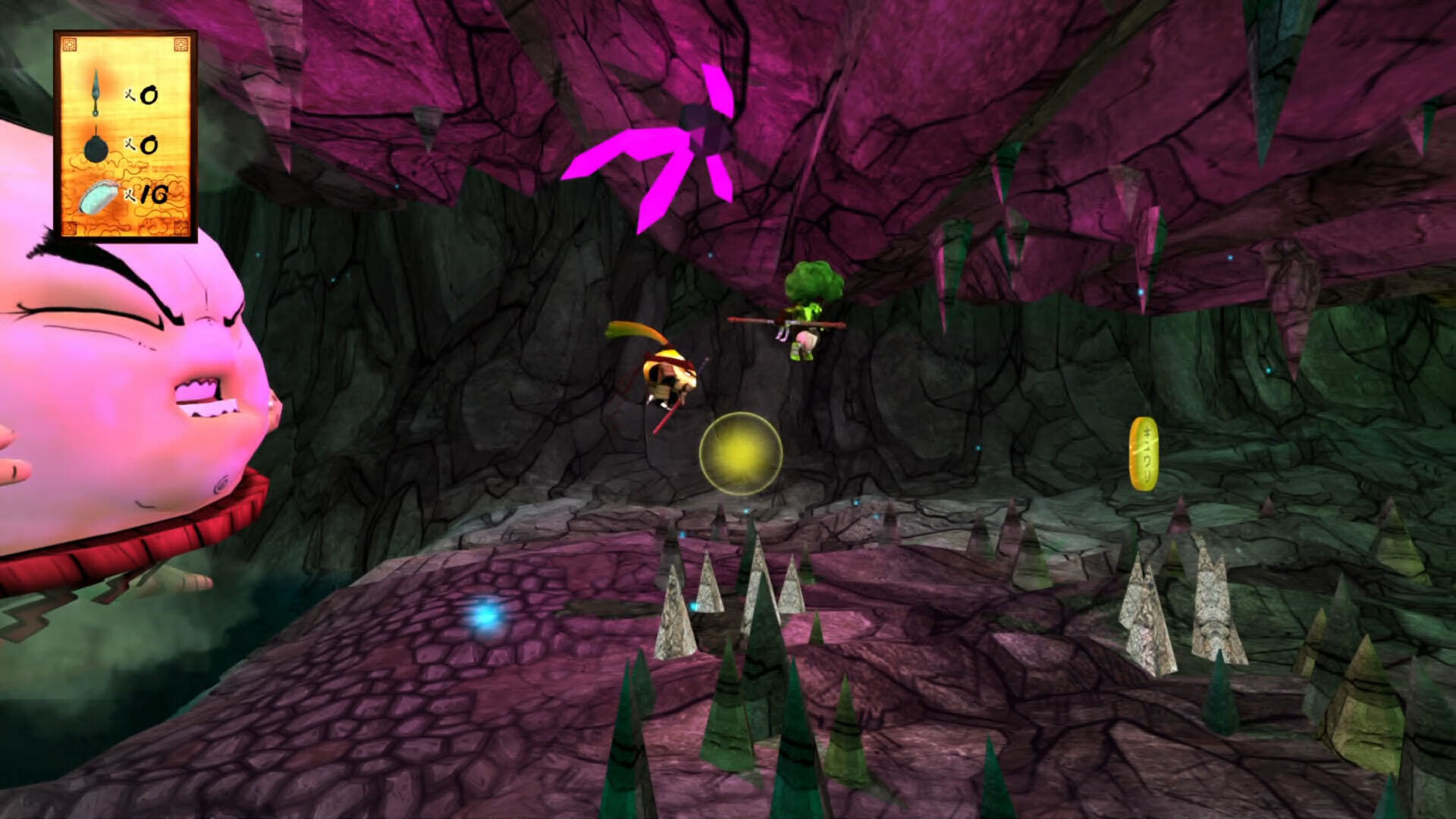 Scena z gry. Różowa istota i postać podobna do pszczoły w jaskini.