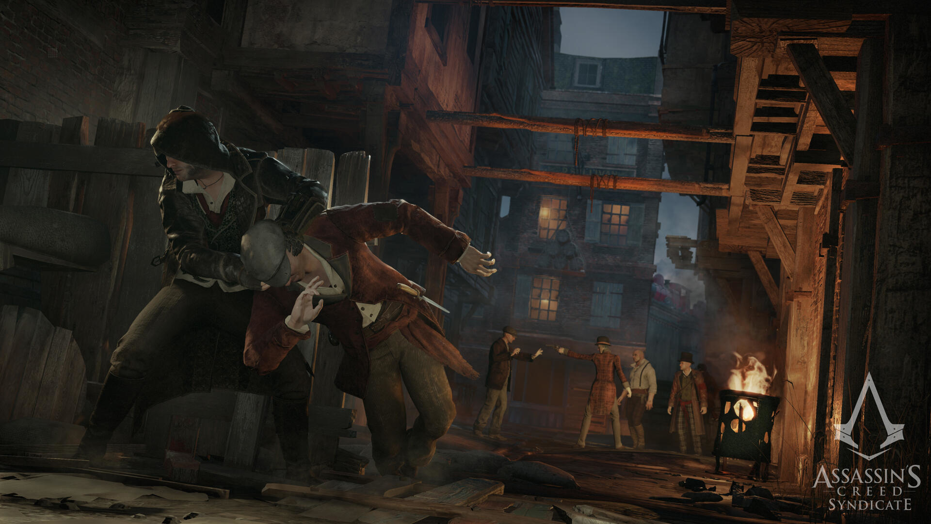 Scena z 'Assassin's Creed Syndicate', mężczyzna zaatakowany przez innego.