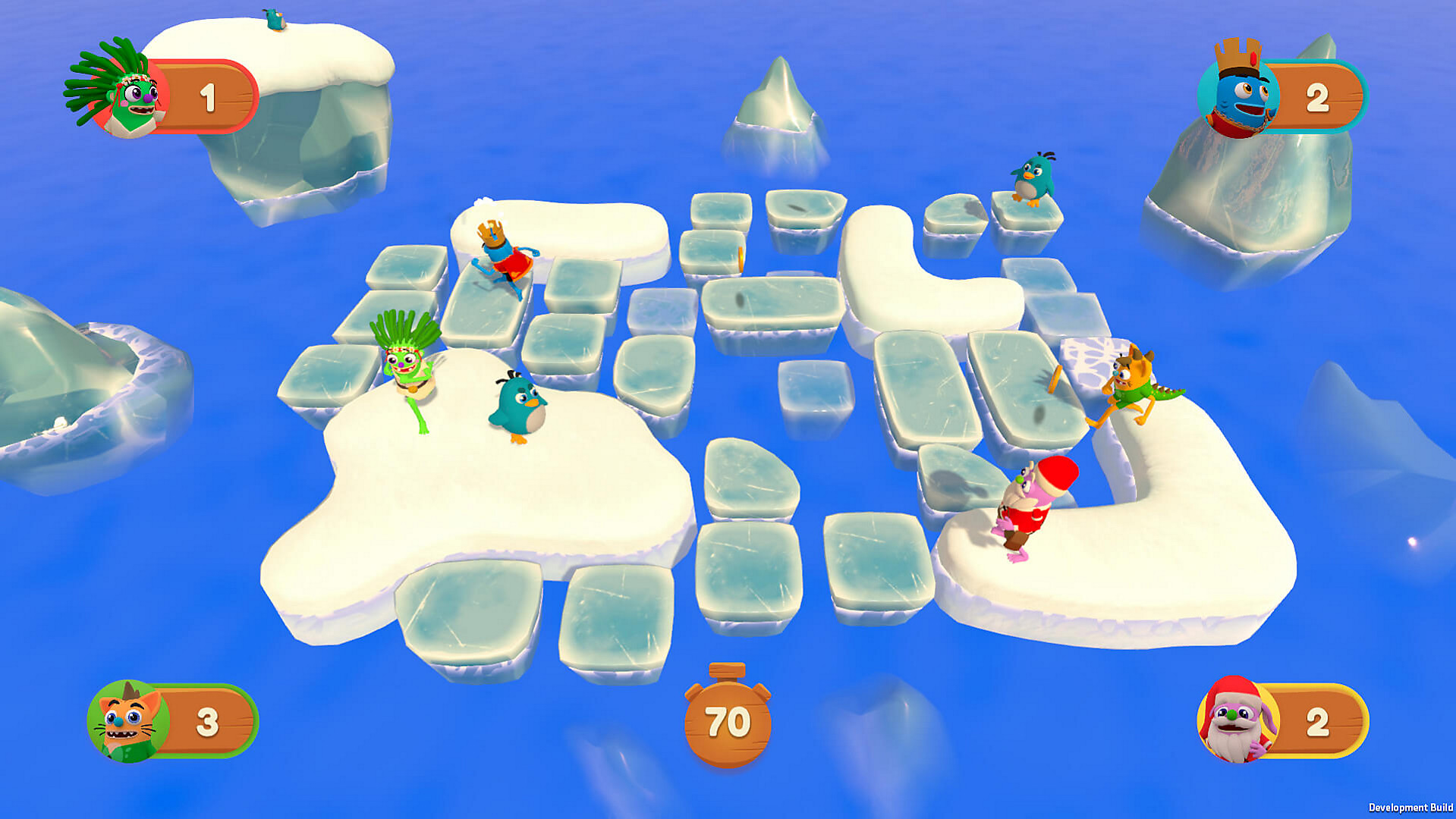Scena gry z postaciami z kreskówek na blokach lodu. Woda otacza. Widoczne liczby i timer.