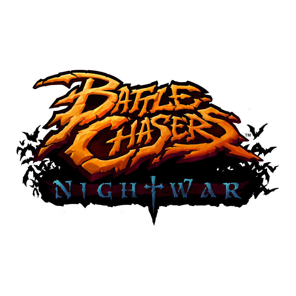 Logo gry Battle Chasers: Nightwar. Stylizowany tekst z nietoperzami i krzyżem.