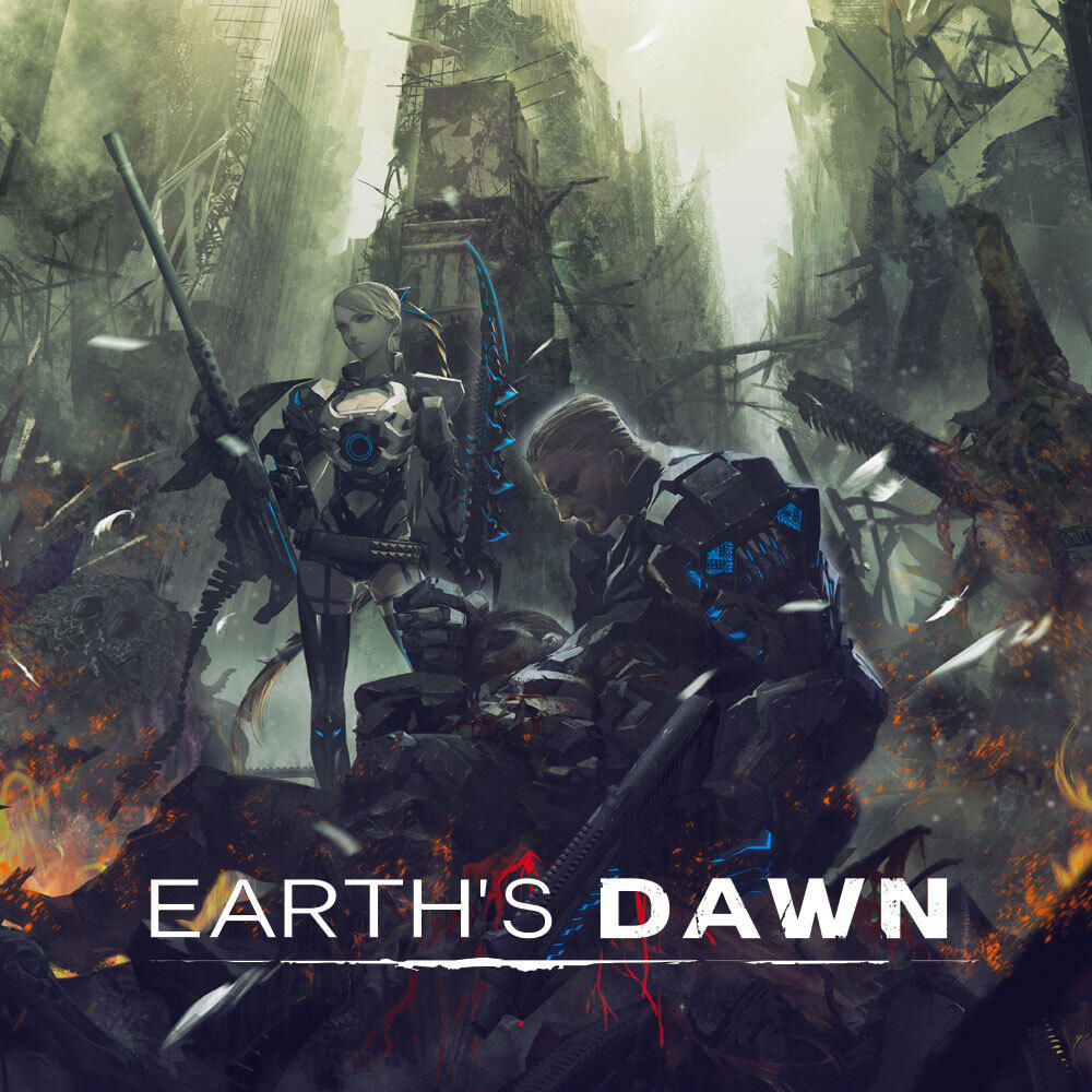 Earth's Dawn-Spiel-Cover. Eine weibliche und eine männliche Figur stehen in einer zerstörten Stadt.