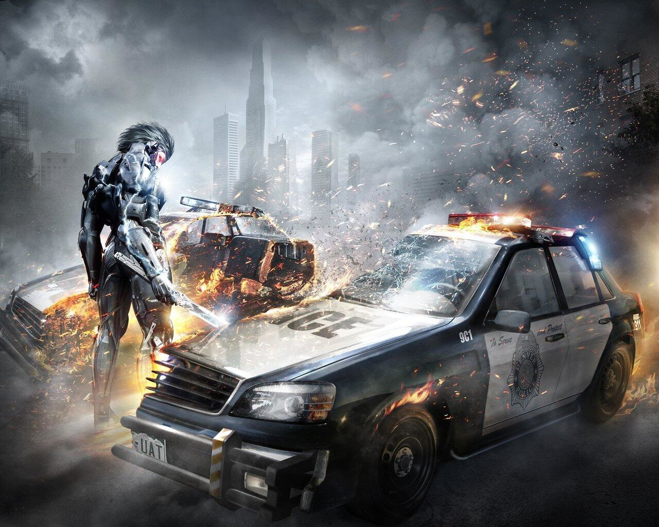 Scena di gioco: Un cyborg è in piedi vicino a un'auto della polizia in fiamme. Esplosione e skyline visibili. Ambientazione fantascientifica.