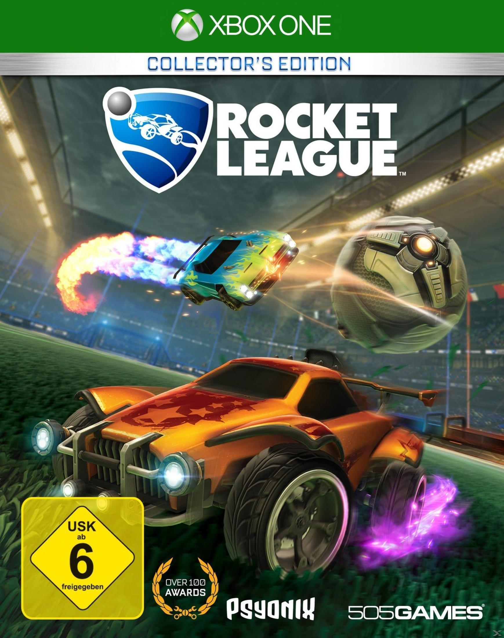 Xbox One-Spielcover für Rocket League. Zwei Autos sind mit einem Ball in der Luft. Im Hintergrund ein grünes Feld.