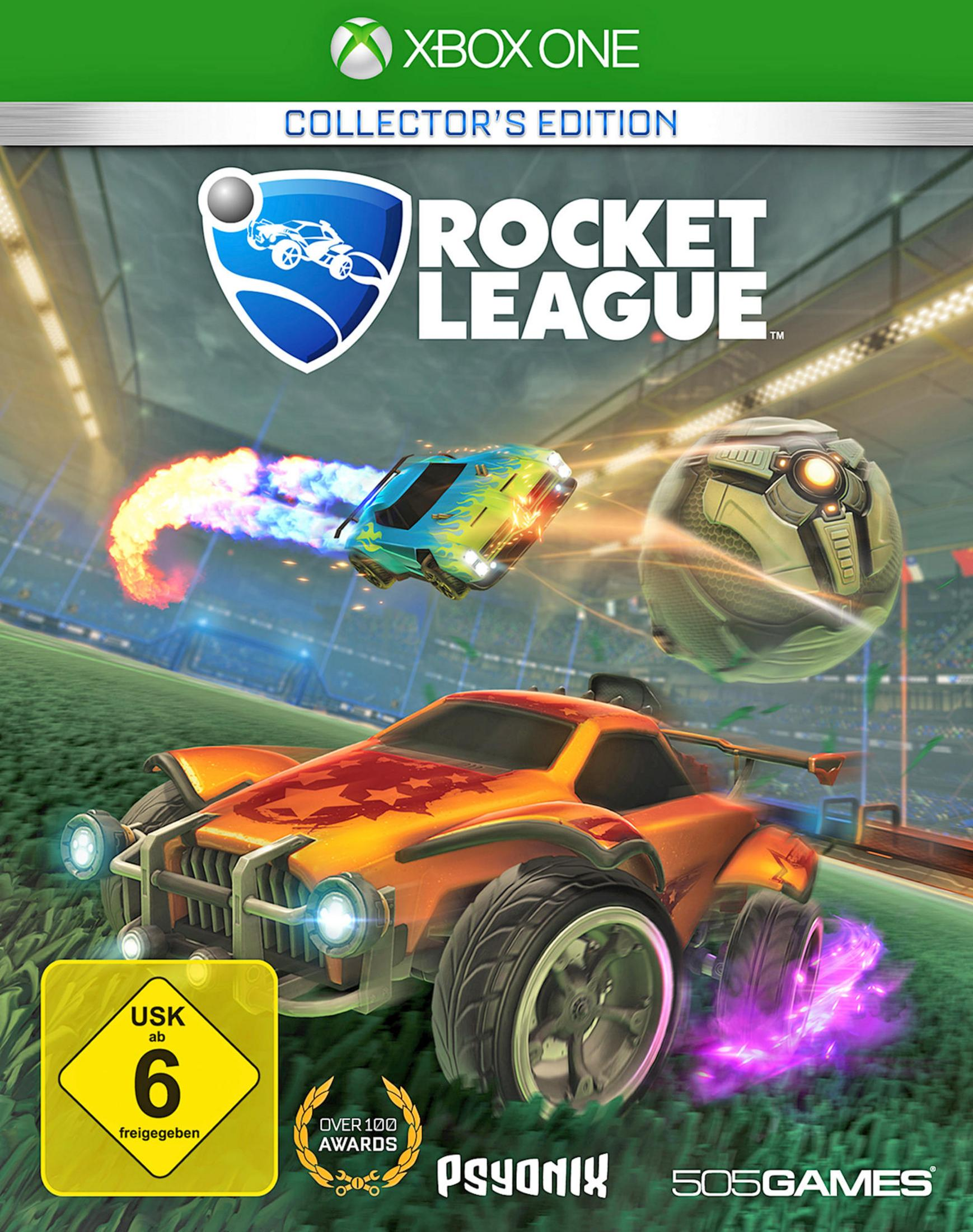 Xbox One-Spielcover für Rocket League. Zwei Autos sind mit einem Ball in der Luft. Im Hintergrund ein grünes Feld.