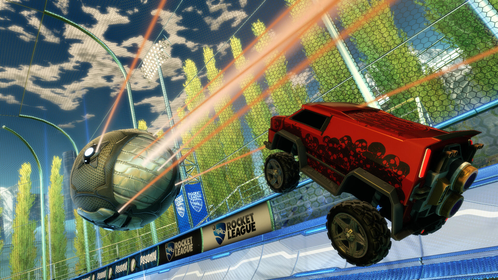 Ein rotes Auto mit Totenköpfen springt, um einen Ball auf einem Fußballfeld zu treffen. Das Spiel ist 'Rocket League'.