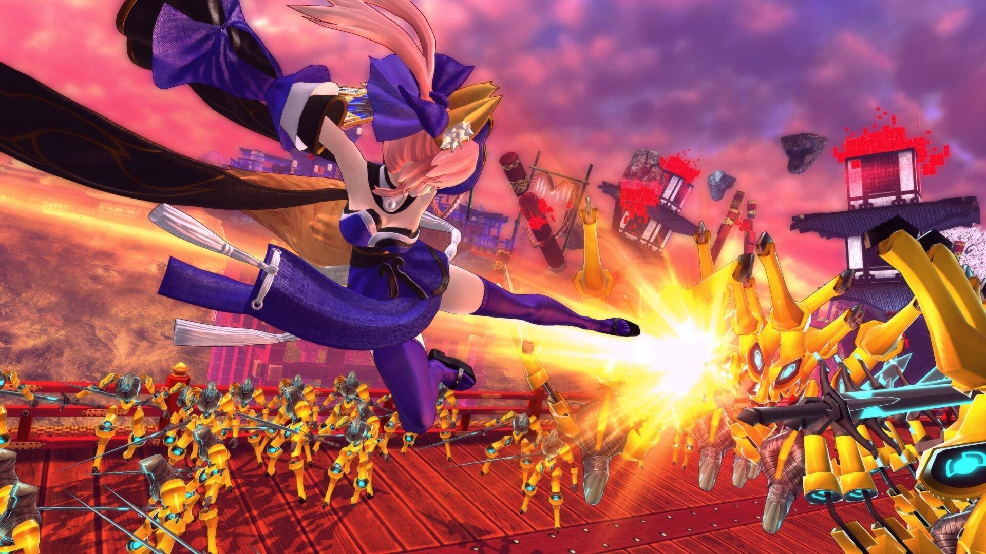 Dziewczyna w niebieskim stroju walczy z wrogami w kolorowym, futurystycznym otoczeniu. Widoczne są eksplozje i roboty.