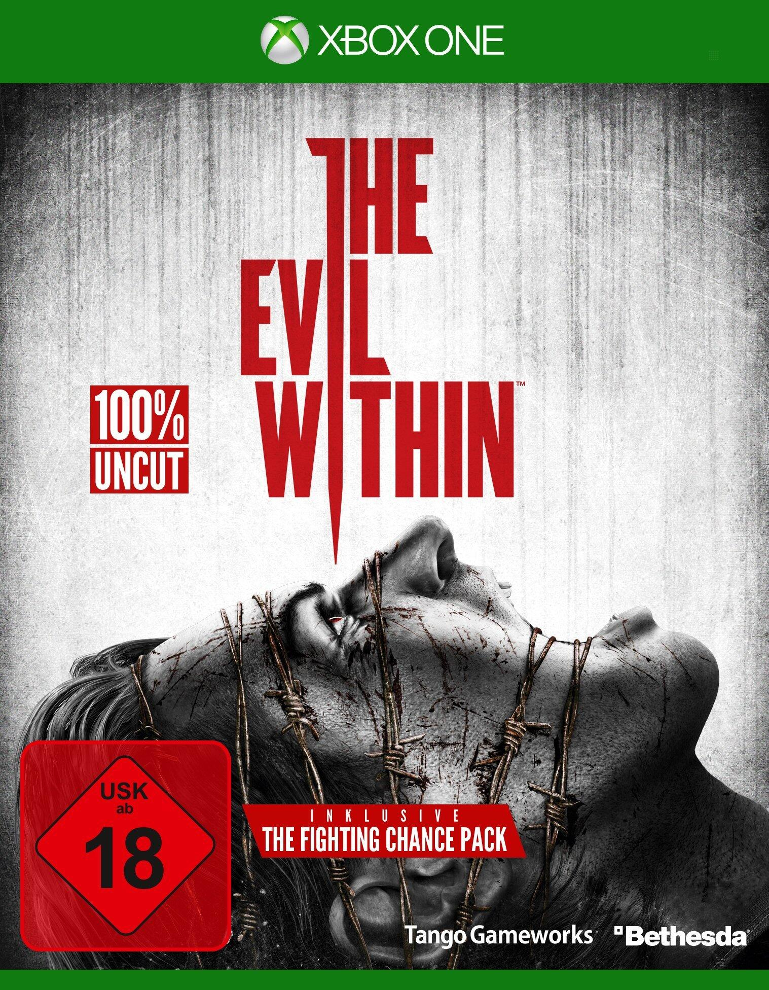 Copertina del gioco: il volto di una donna con filo spinato. Il titolo del gioco è 'The Evil Within'. La copertina è scura.