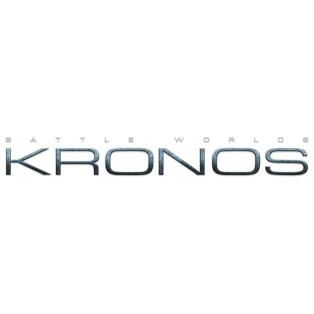 Słowo KRONOS w srebrnej, futurystycznej czcionce na białym tle. Litery wyglądają na metaliczne.