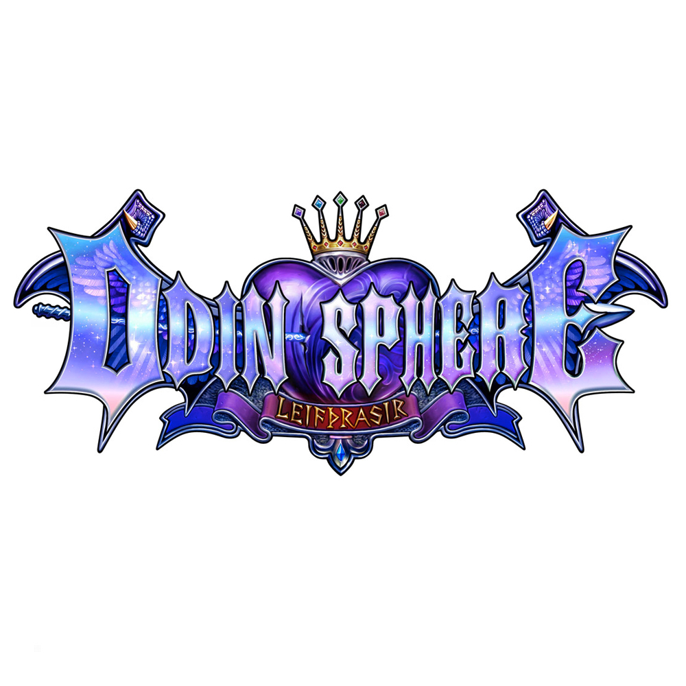 Spiel-Logo: Odin Sphere Leifthrasir, lila und blauer Text mit Krone und Flügeln, weißer Hintergrund.