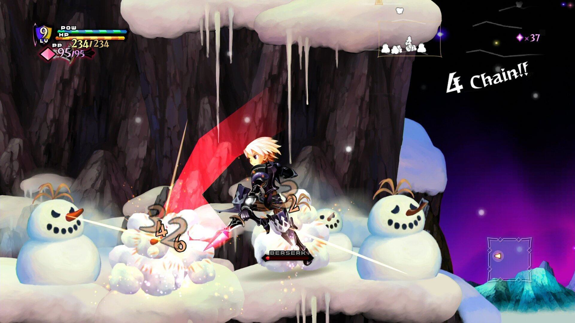 Spiel-Screenshot: Charakter greift Schneemänner an. Titel: 4 Chain!! Schnee- und Eis-Level. Spiel-UI oben.