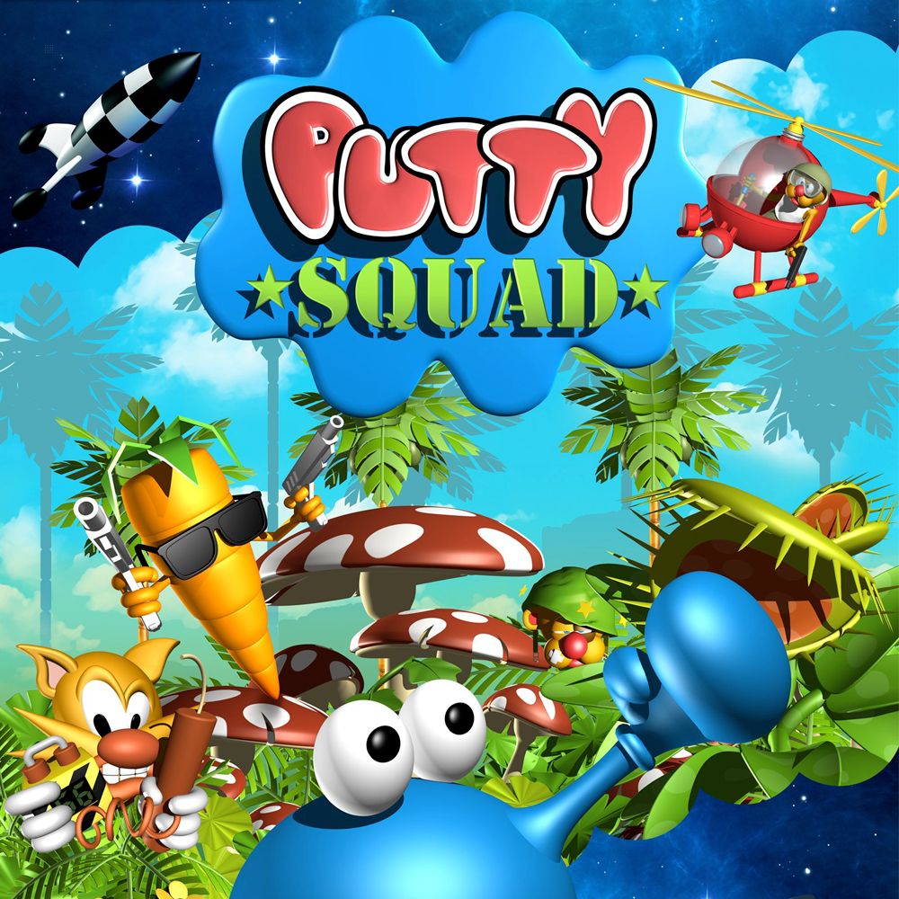 Copertina del gioco Putty Squad, scena colorata con personaggi dei cartoni animati in un'ambientazione tropicale con un razzo e un elicottero.