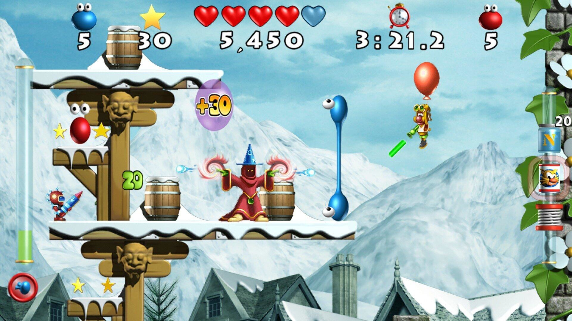 Schermata di gioco: Mago che spara. Titolo: +30. Personaggio che salta. Sfondo di montagne innevate. Interfaccia utente in alto.