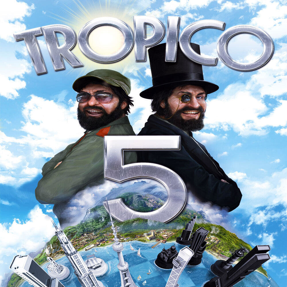Okładka gry Tropico 5, dwóch mężczyzn w okularach przeciwsłonecznych i tropikalne tło z elementami miasta i nieba.