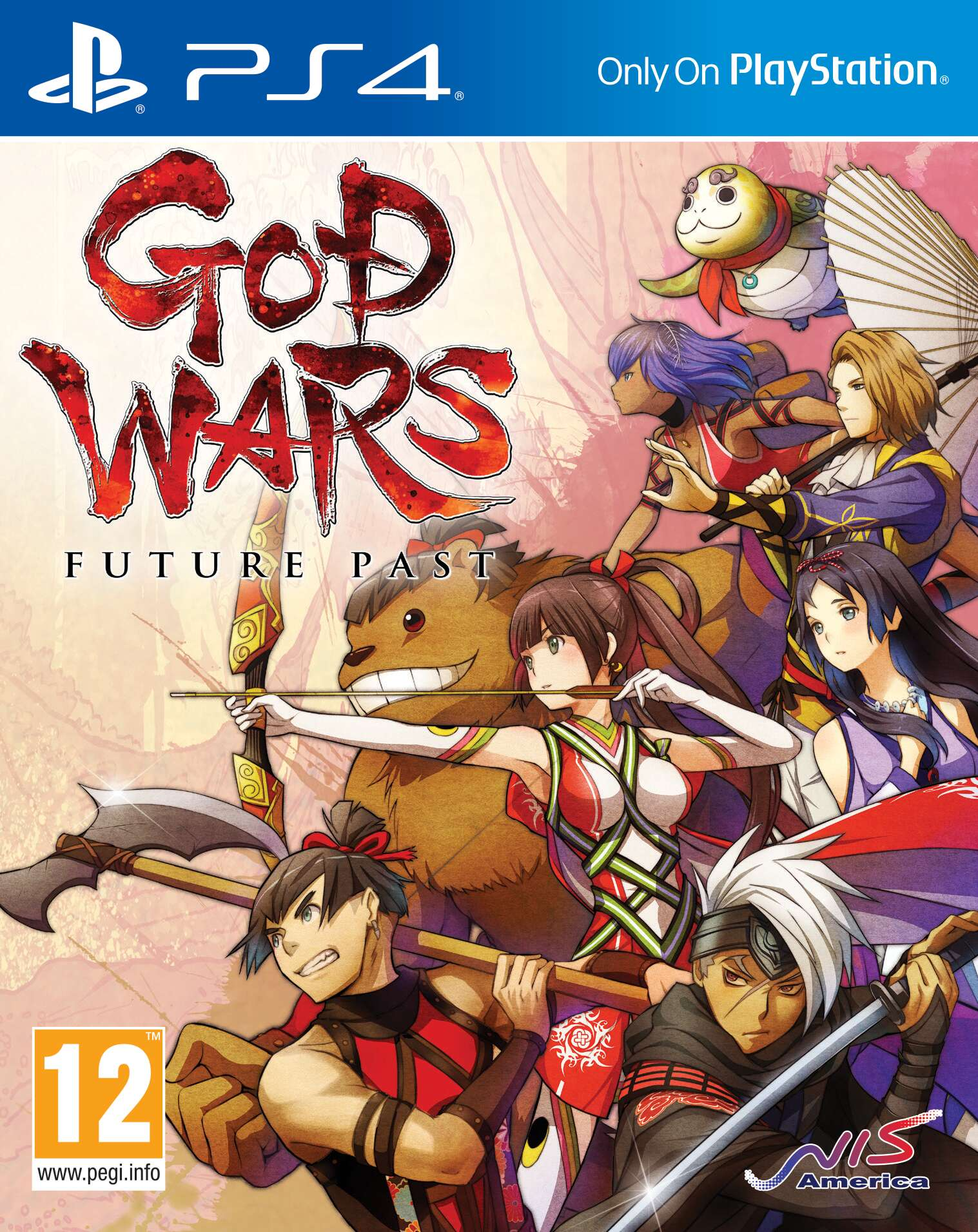 Okładka gry God Wars: Future Past. Kilka postaci z anime, w tym kobieta z łukiem, na scenie.