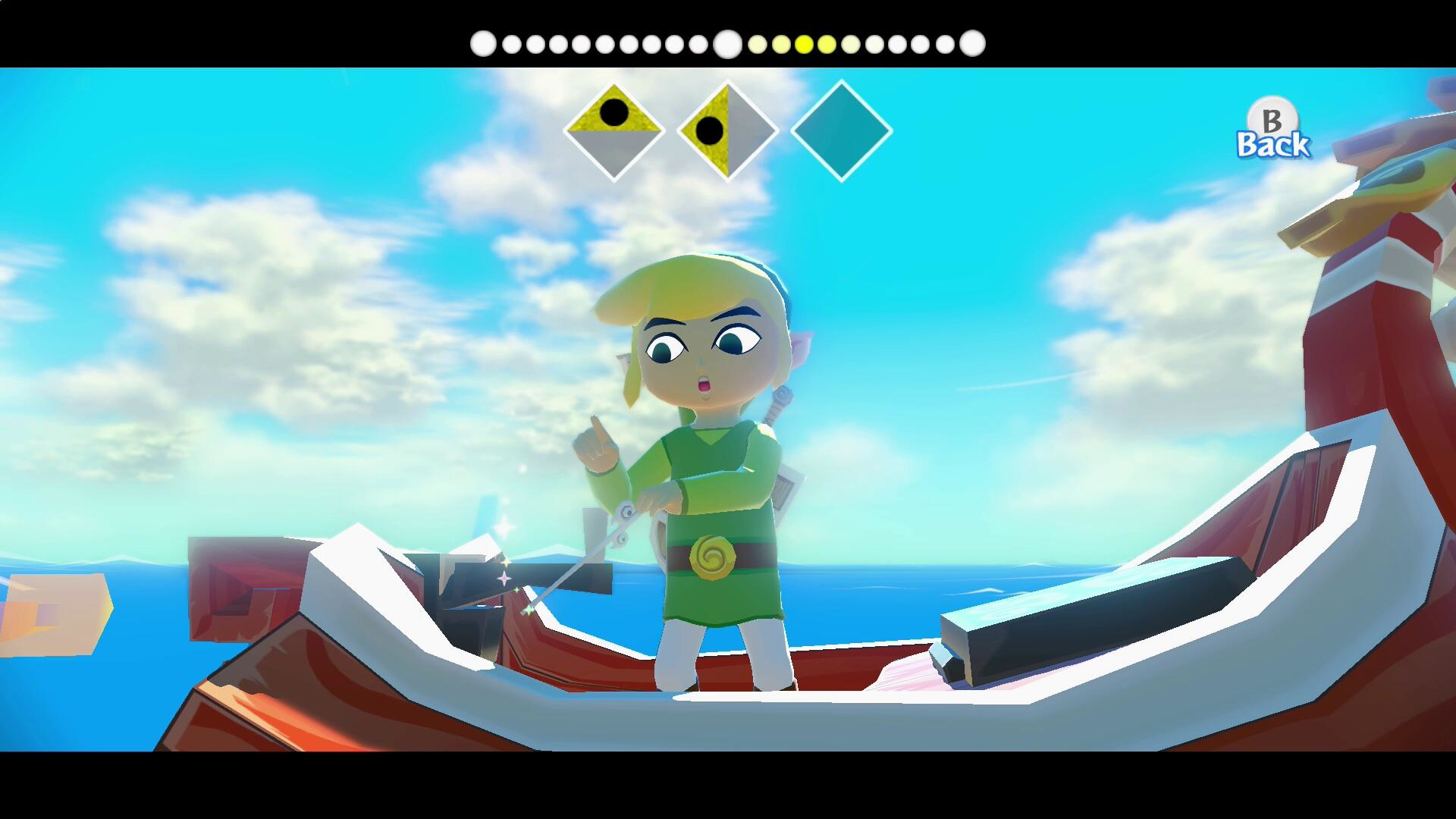 Eine Zeichentrickfigur mit grüner Kleidung steht auf einem Boot und hält ein Schwert. Der Hintergrund ist blauer Himmel und Wasser.
