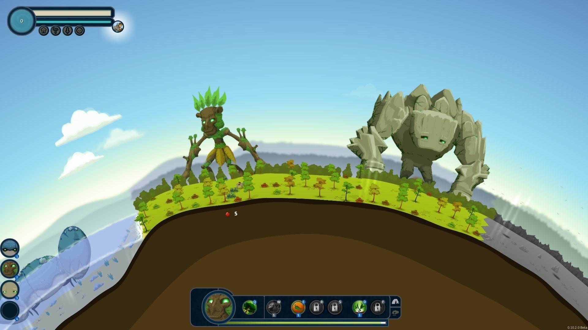 Dwie kreskówkowe kamienne stworzenia na zielonym wzgórzu, jedno z liśćmi, drugie ze złą miną, pod błękitnym niebem.