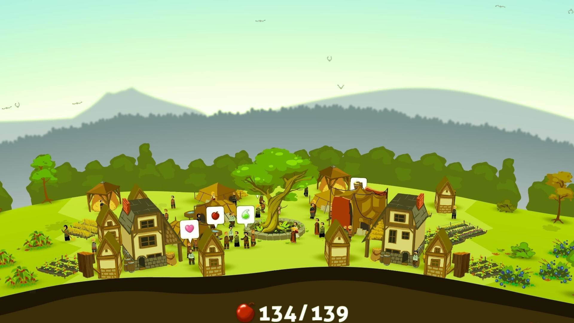 Wioska z domami, drzewem i ludźmi. Dymki z sercami i owocami. Zielone pola i błękitne niebo.