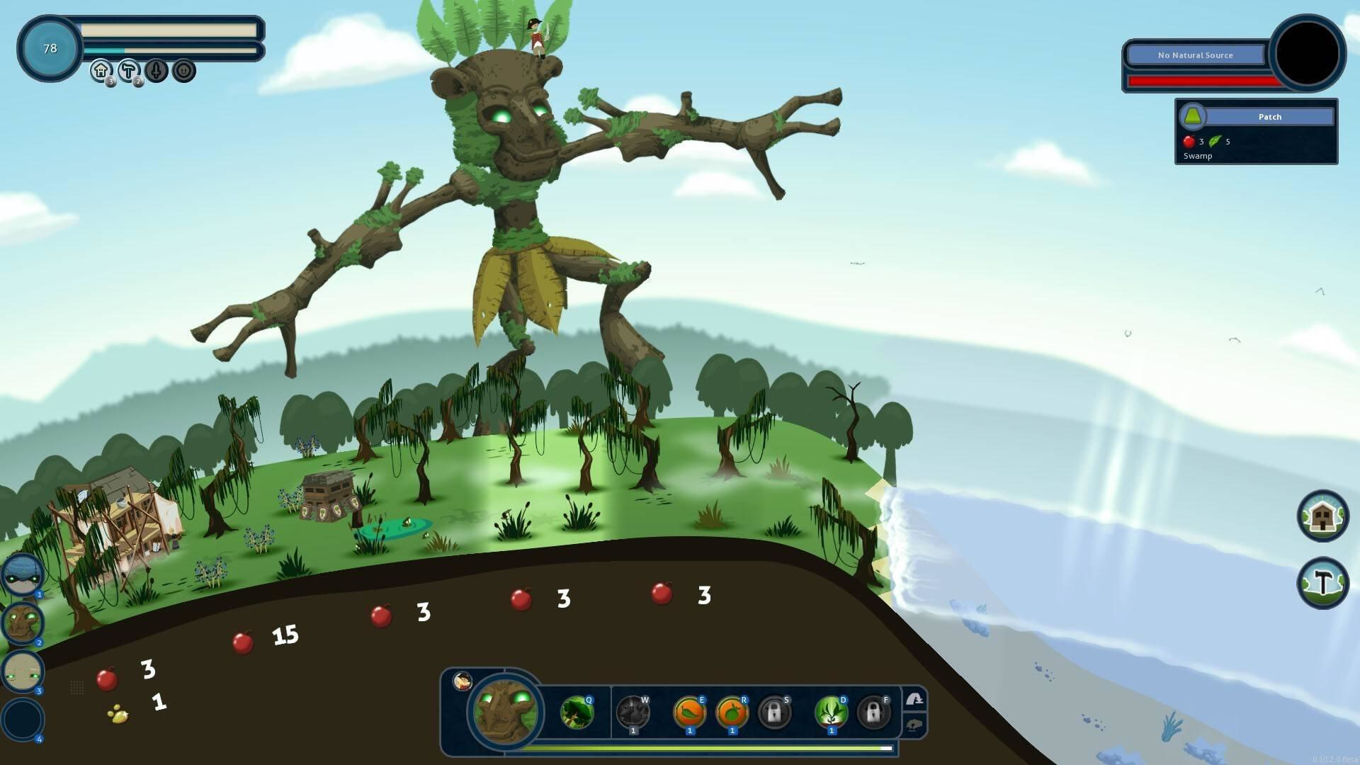 Scena z gry wideo: gigantyczna istota drzewa w centrum. Zielone i niebieskie kolory.