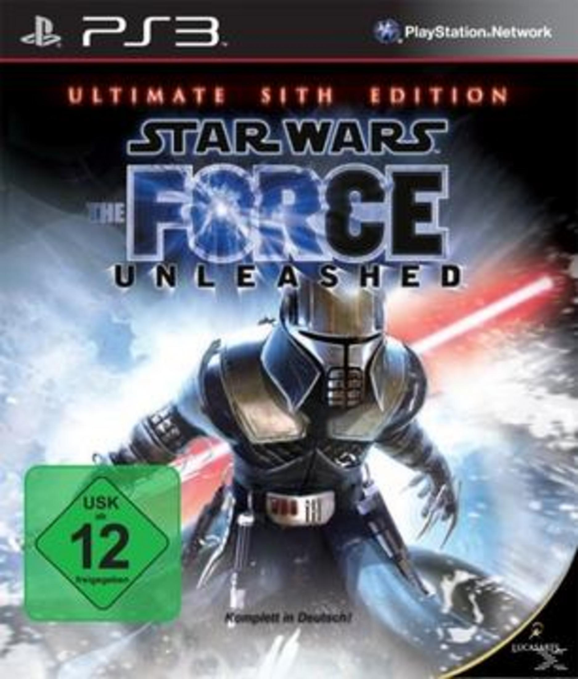 Spielcover: Figur mit Lichtschwert, roter Hintergrund. Text: 'Star Wars: The Force Unleashed'.