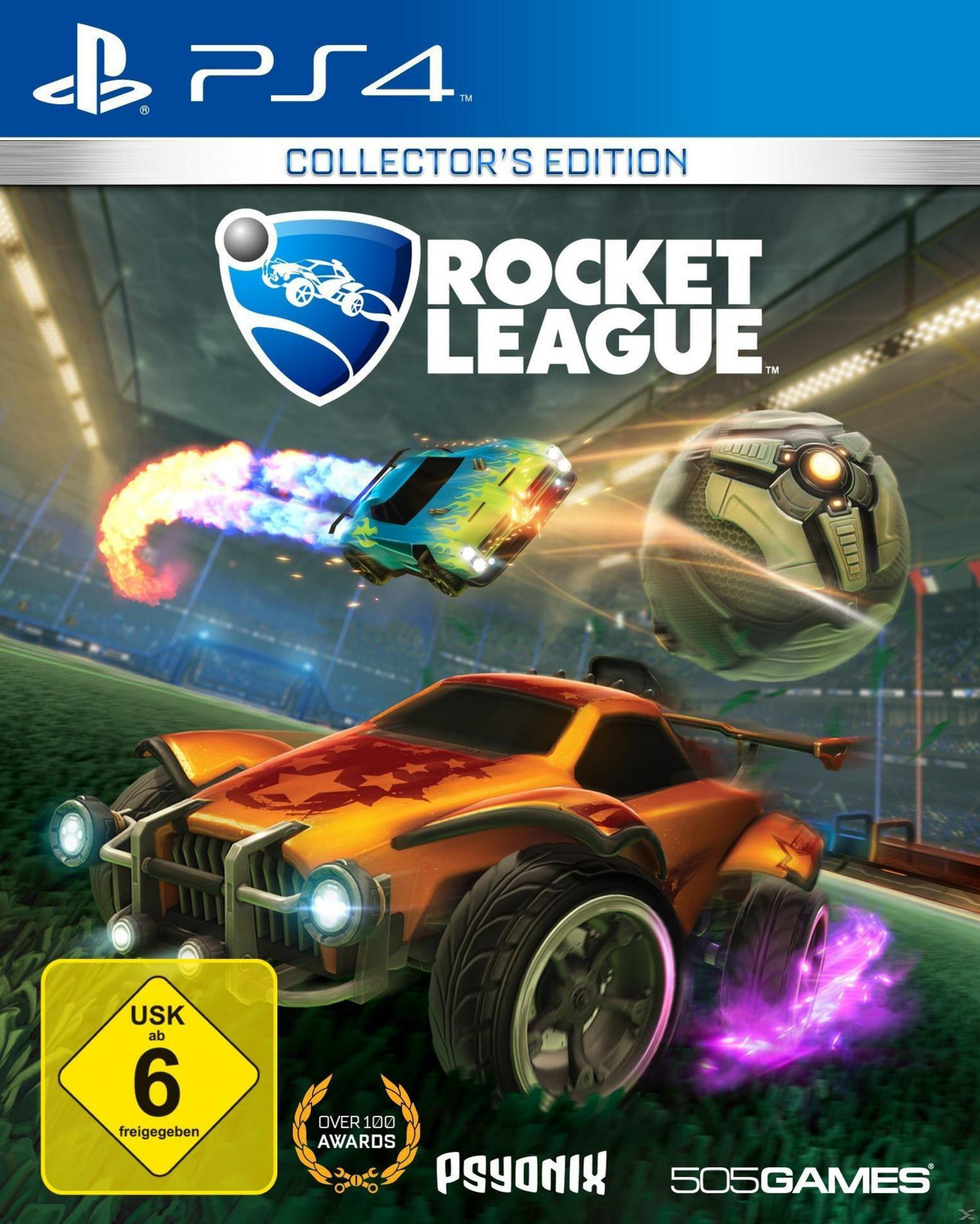 Rocket League Collector's Edition PS4-Cover: Autos und ein Ball auf einem Feld, blaues Logo.