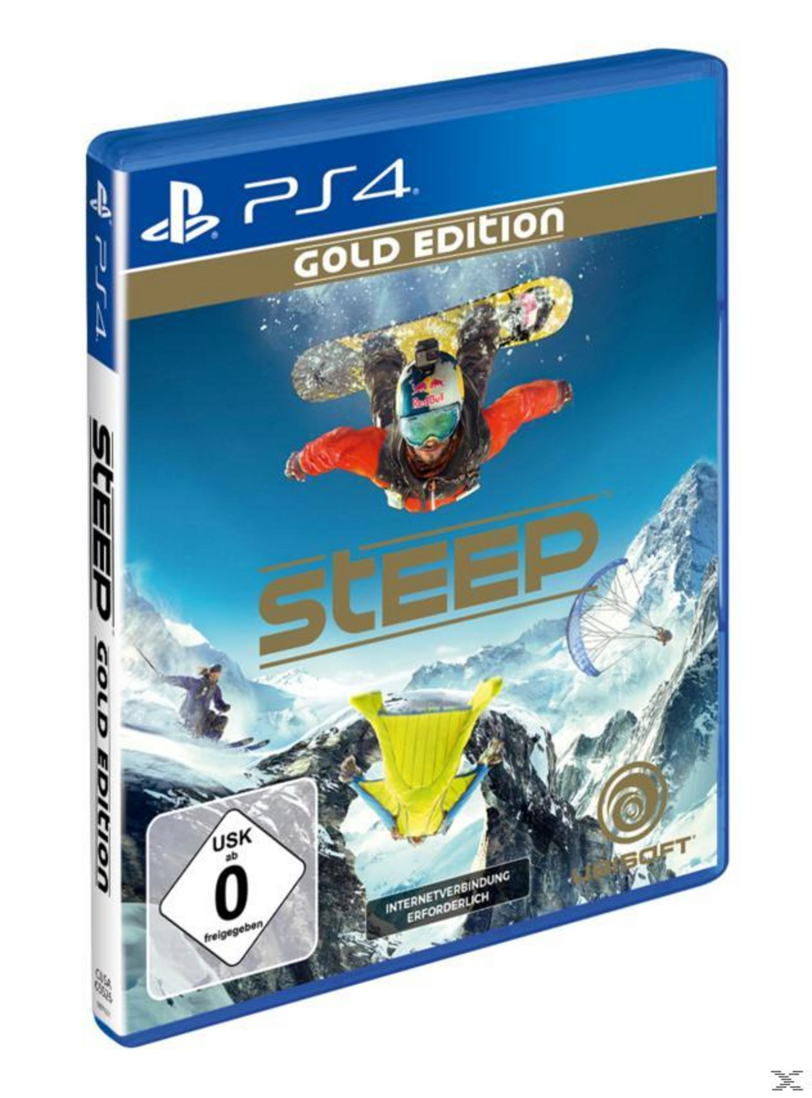 Steep Gold Edition PS4-Spielcover: Snowboarder in der Luft, schneebedeckte Berglandschaft und blauer Himmel.