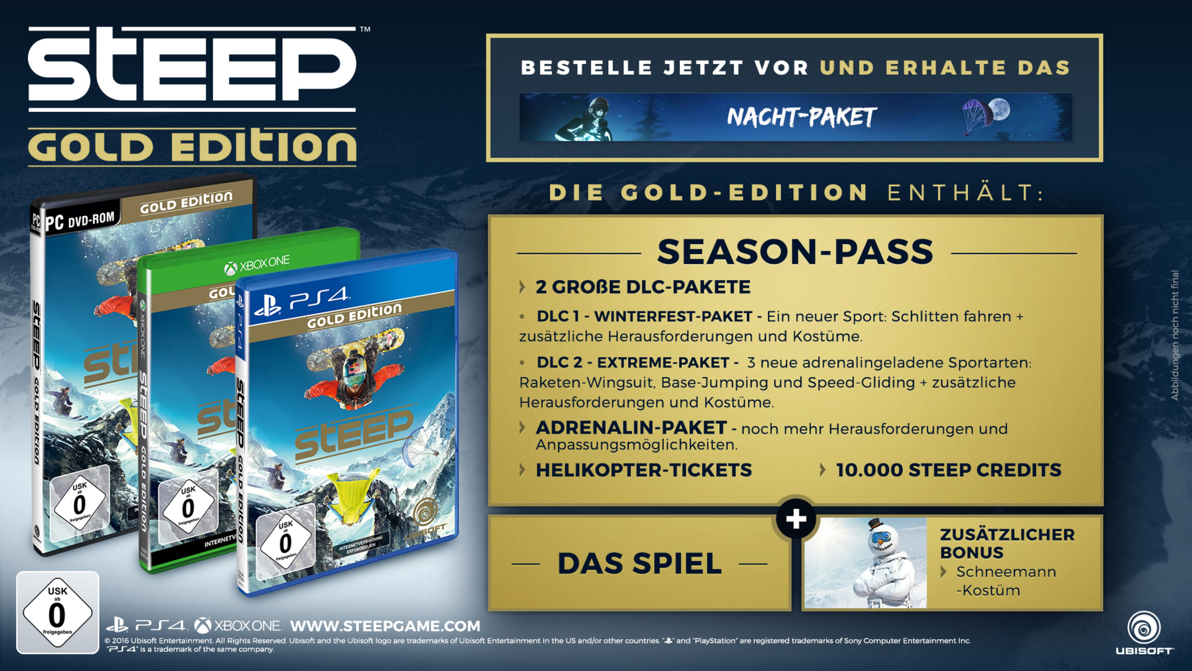 Steep Gold Edition Spielboxen: PS4, Xbox One und PC Spielboxen mit einer schneebedeckten Berglandschaft.