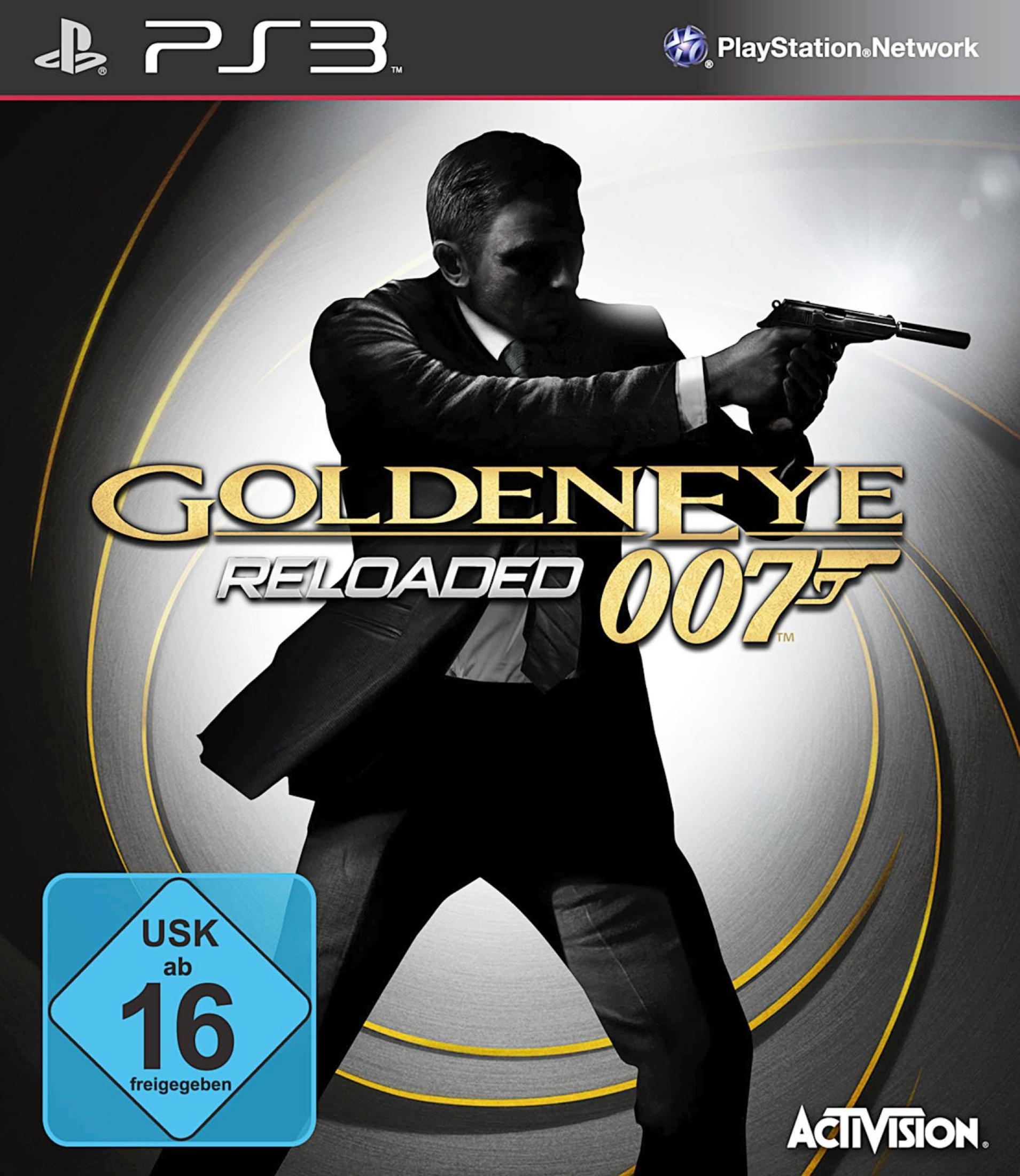 Spiel-Cover für Golden Eye: Reloaded, James Bond hält eine Waffe. Logo und Spieltitel sind zentriert.