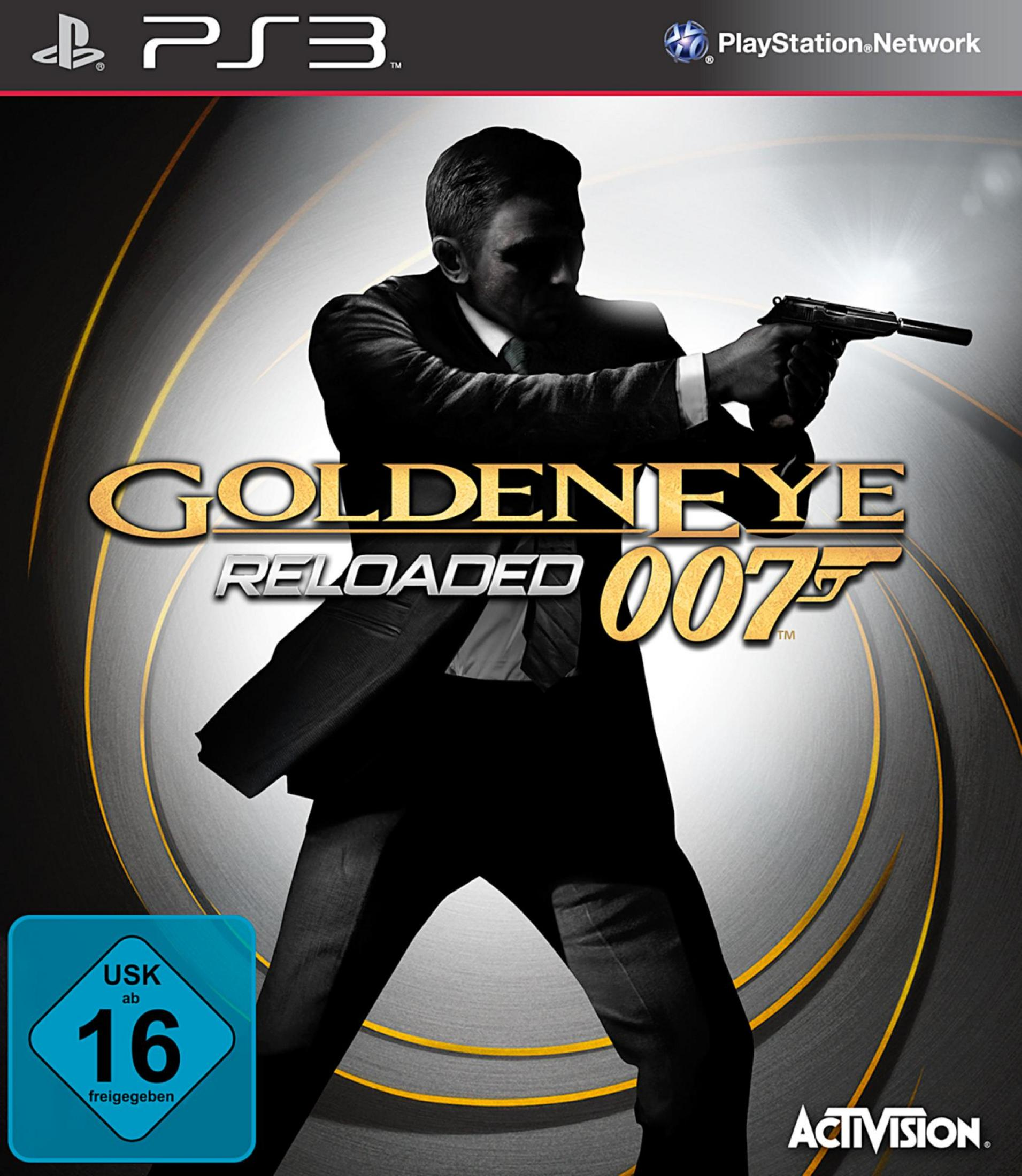 Spiel-Cover für Golden Eye: Reloaded, James Bond hält eine Waffe. Logo und Spieltitel sind zentriert.
