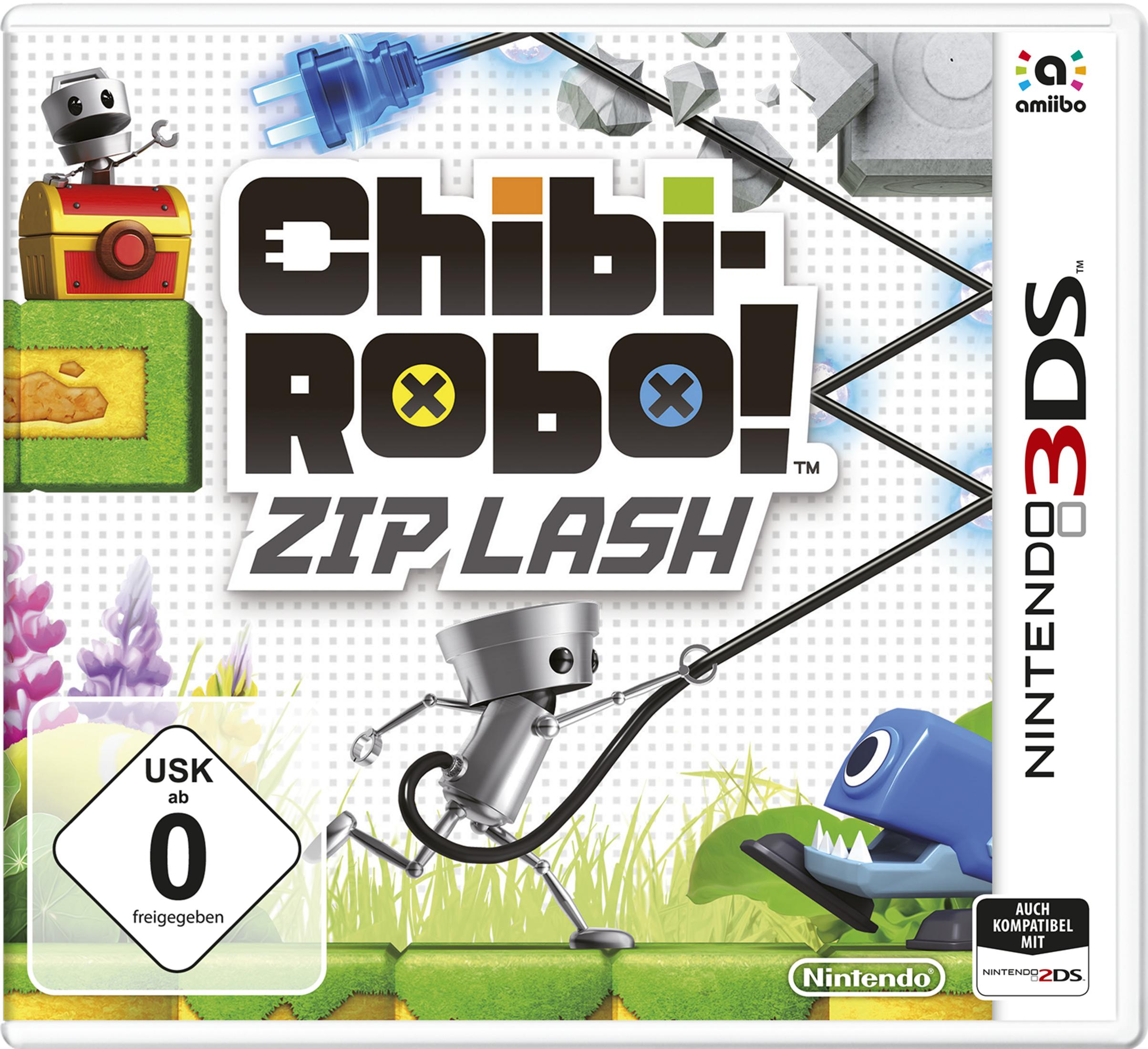 Spielbox-Art für 'Chibi-Robo! Zip Lash'. Ein Roboter zieht an einem Seil, mit Spieltitel und Konsolenlogo.