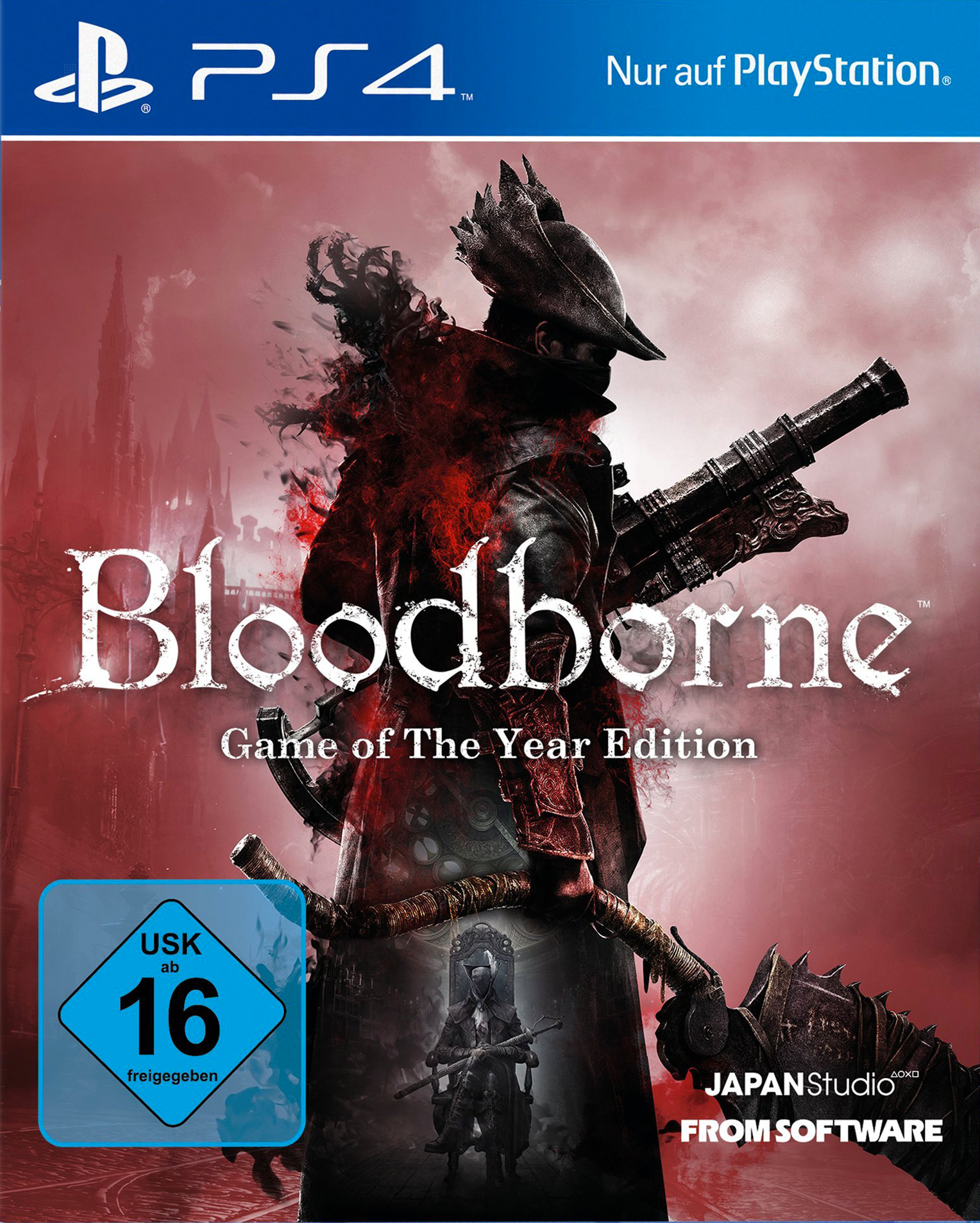 Bloodborne: Game of the Year Edition, okładka gry. Postać z bronią w mrocznym otoczeniu.