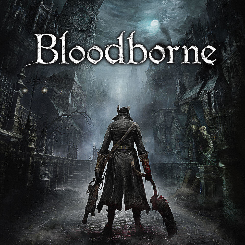 Okładka gry Bloodborne. Postać z bronią stoi w mrocznym, gotyckim mieście.