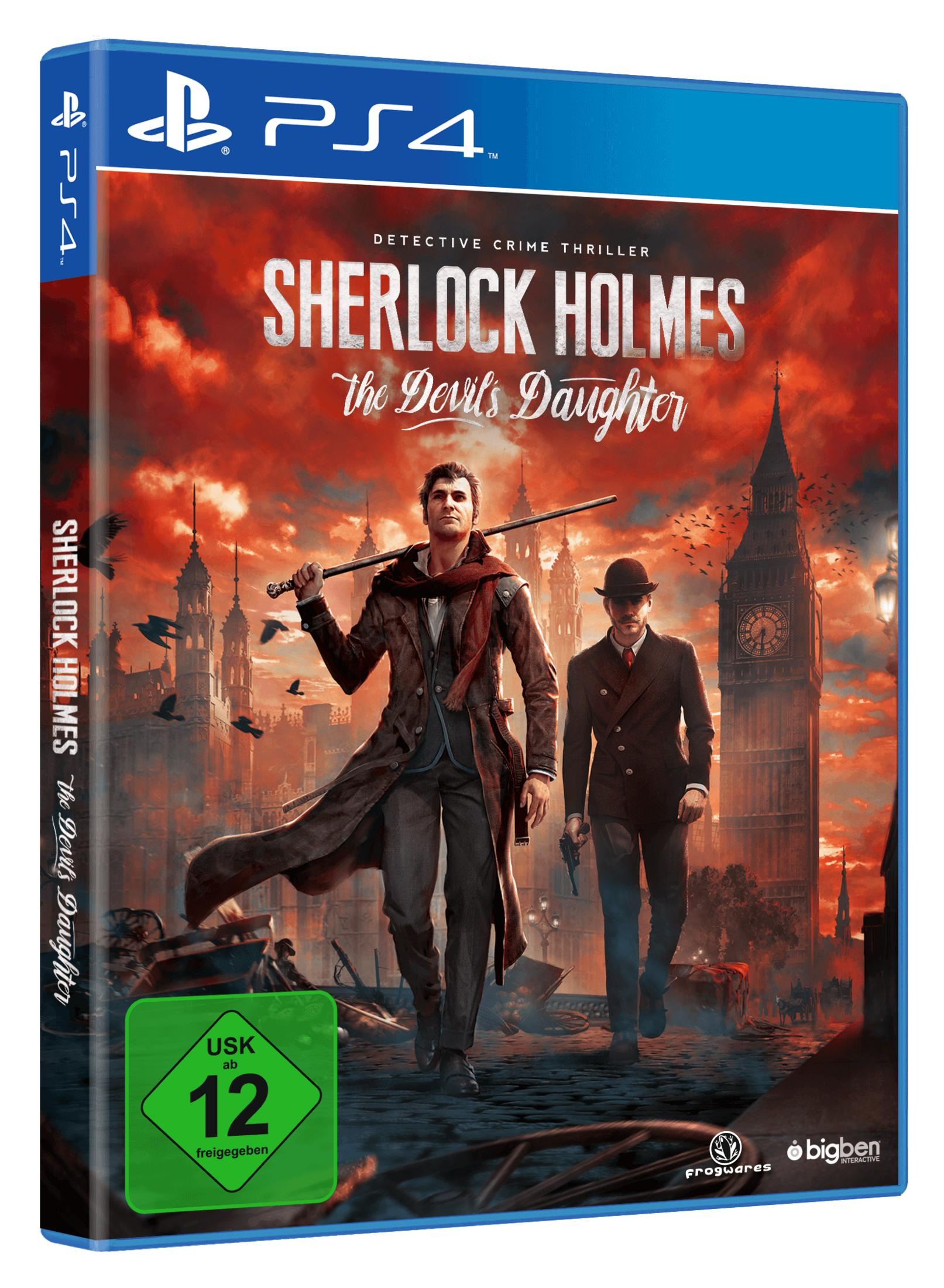 PS4-Spielcover. Sherlock Holmes geht mit einem anderen Mann durch die Straßen von London. Big Ben im Hintergrund.