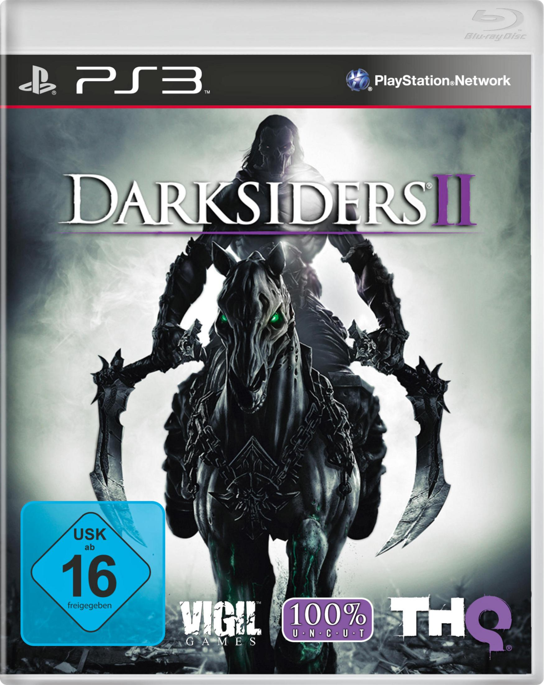 PS3-Spielcover. Ein dunkler Ritter auf einem Pferd mit einer Stadt im Hintergrund. Spieltitel: Darksiders II.