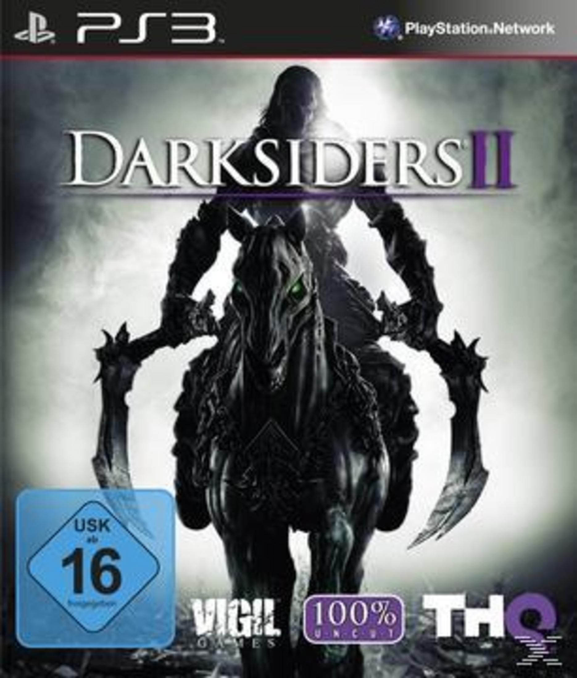PS3-Spielcover. Ein dunkler Ritter auf einem Pferd mit einer Stadt im Hintergrund. Spieltitel: Darksiders II.