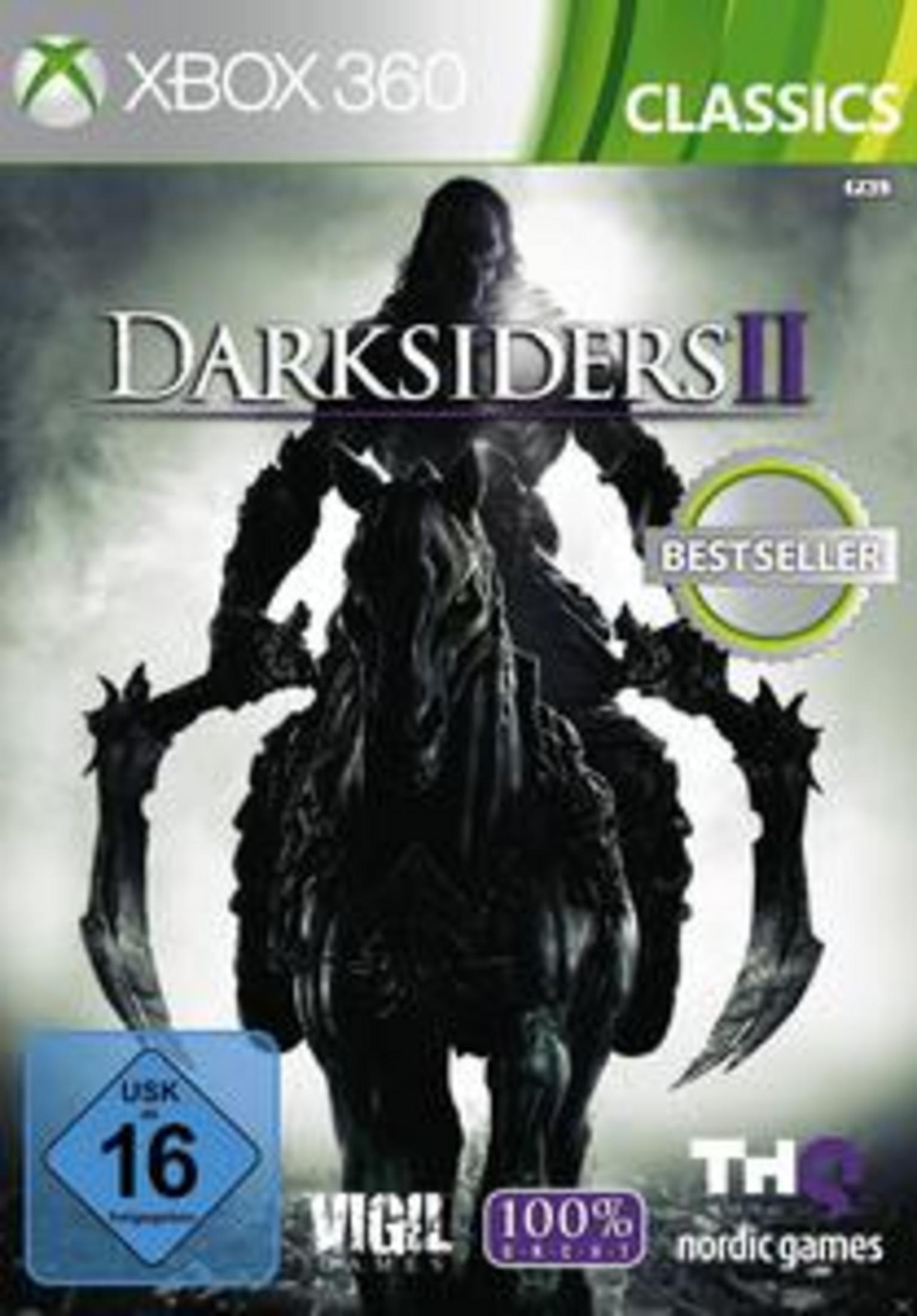 Darksiders II-Spielcover mit Reiter auf einem Pferd.