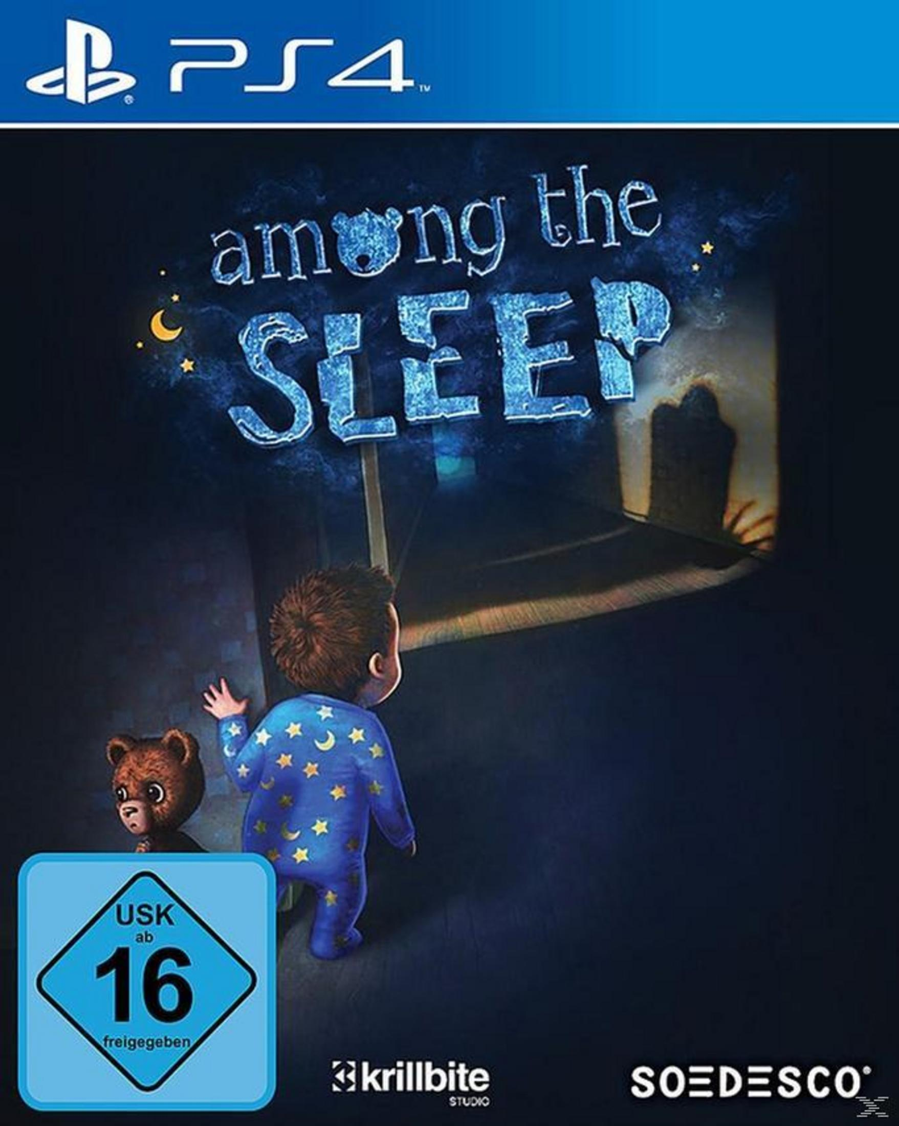 Among the Sleep Spielcover. Ein Kind mit Teddybär in dunklem Raum. Der Spieletitel steht oben.