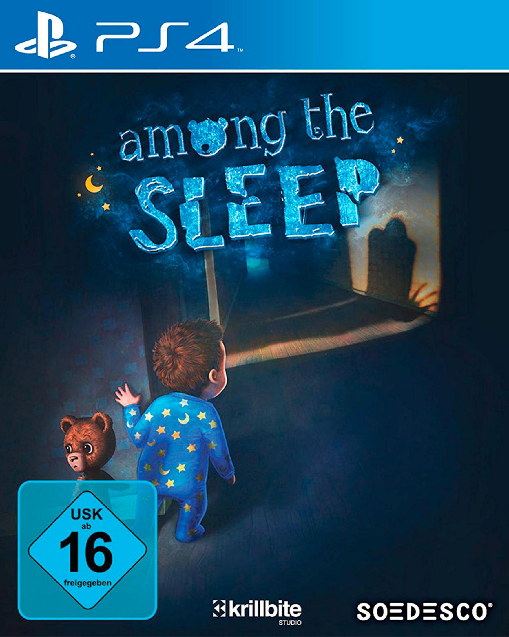 Among the Sleep Spielcover. Ein Kind mit Teddybär in dunklem Raum. Der Spieletitel steht oben.