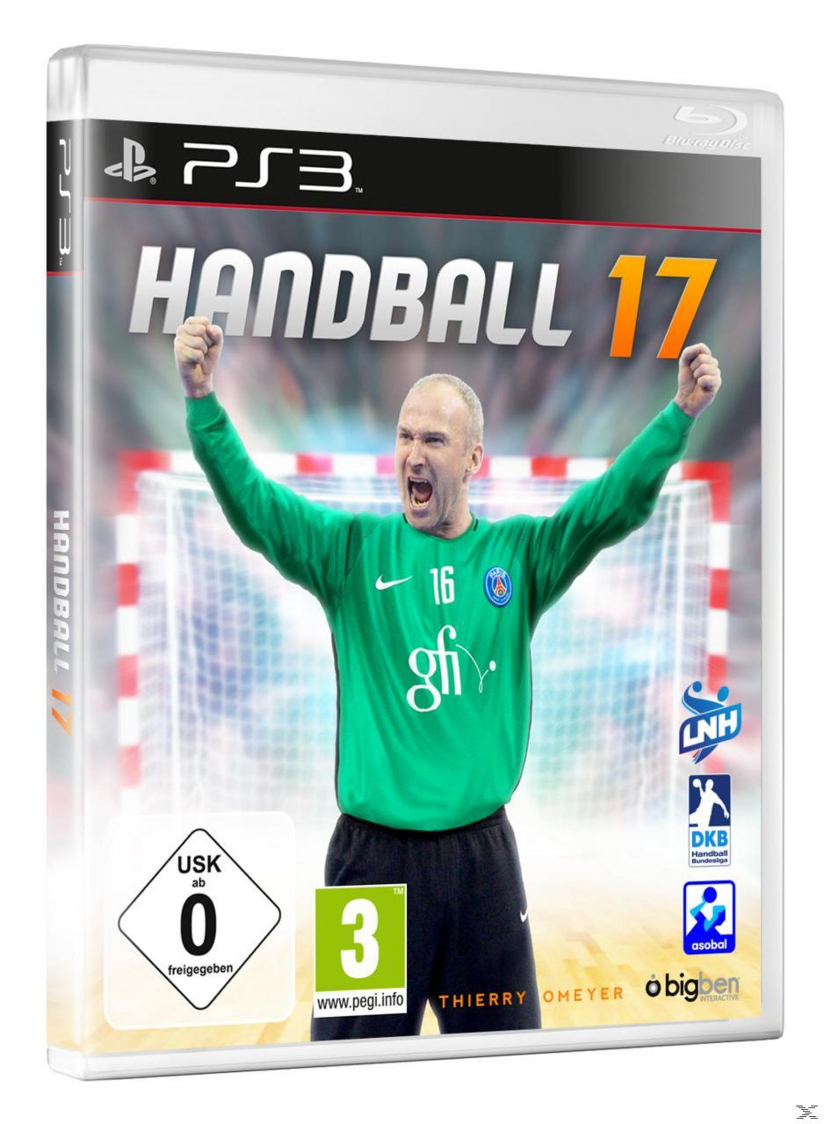 Handball 17 Videospiel-Cover. Ein Handballtorwart mit erhobenen Armen steht vor dem Tor. Der Hintergrund ist unscharf.