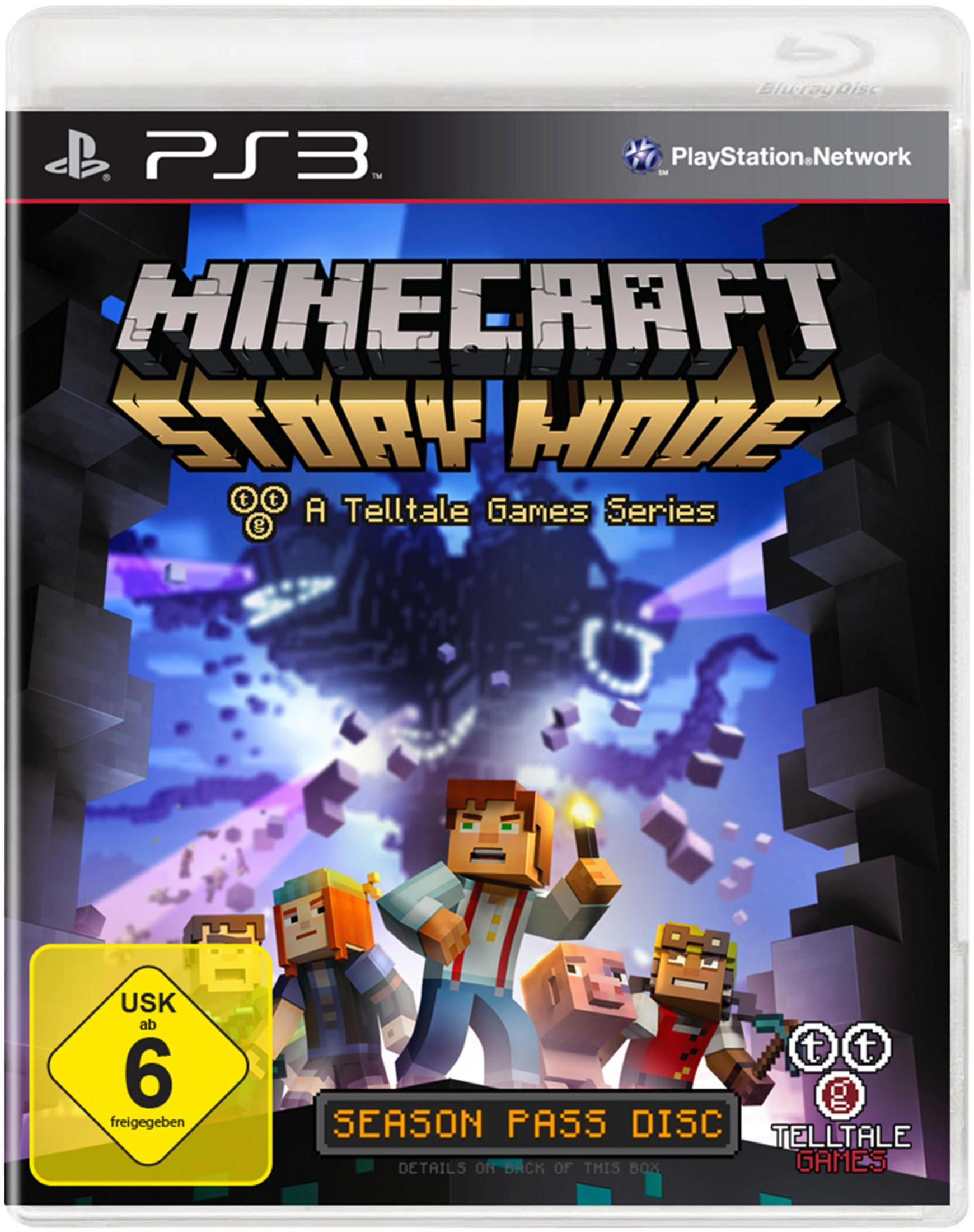 Minecraft Story Mode Spielcover. Charaktere aus dem Spiel sind vorne. Der Hintergrund zeigt ein Monster.