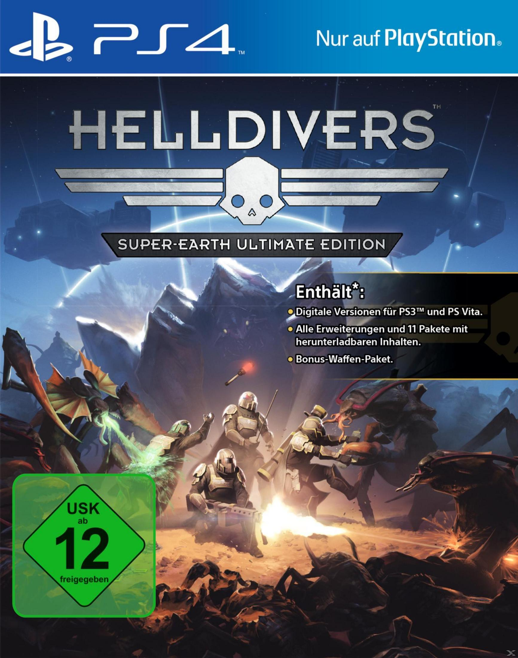 PS4-Spielhülle für Helldivers: Super-Earth Ultimate Edition. Enthält eine Science-Fiction-Kampfszene. Grünes USK-Logo.