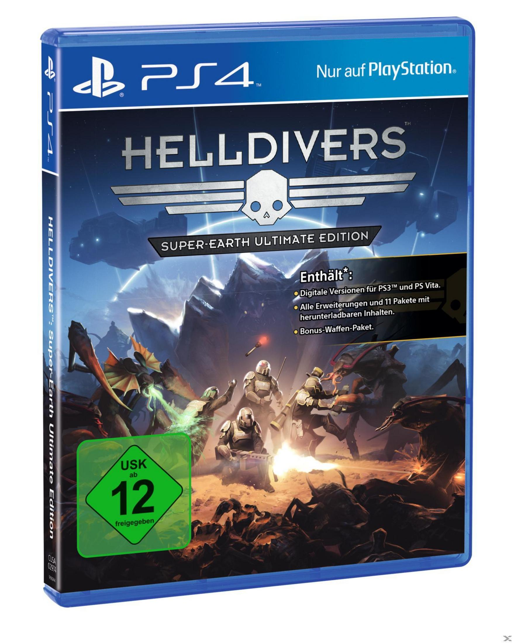 PS4-Spielhülle für Helldivers: Super-Earth Ultimate Edition. Enthält eine Science-Fiction-Kampfszene. Grünes USK-Logo.