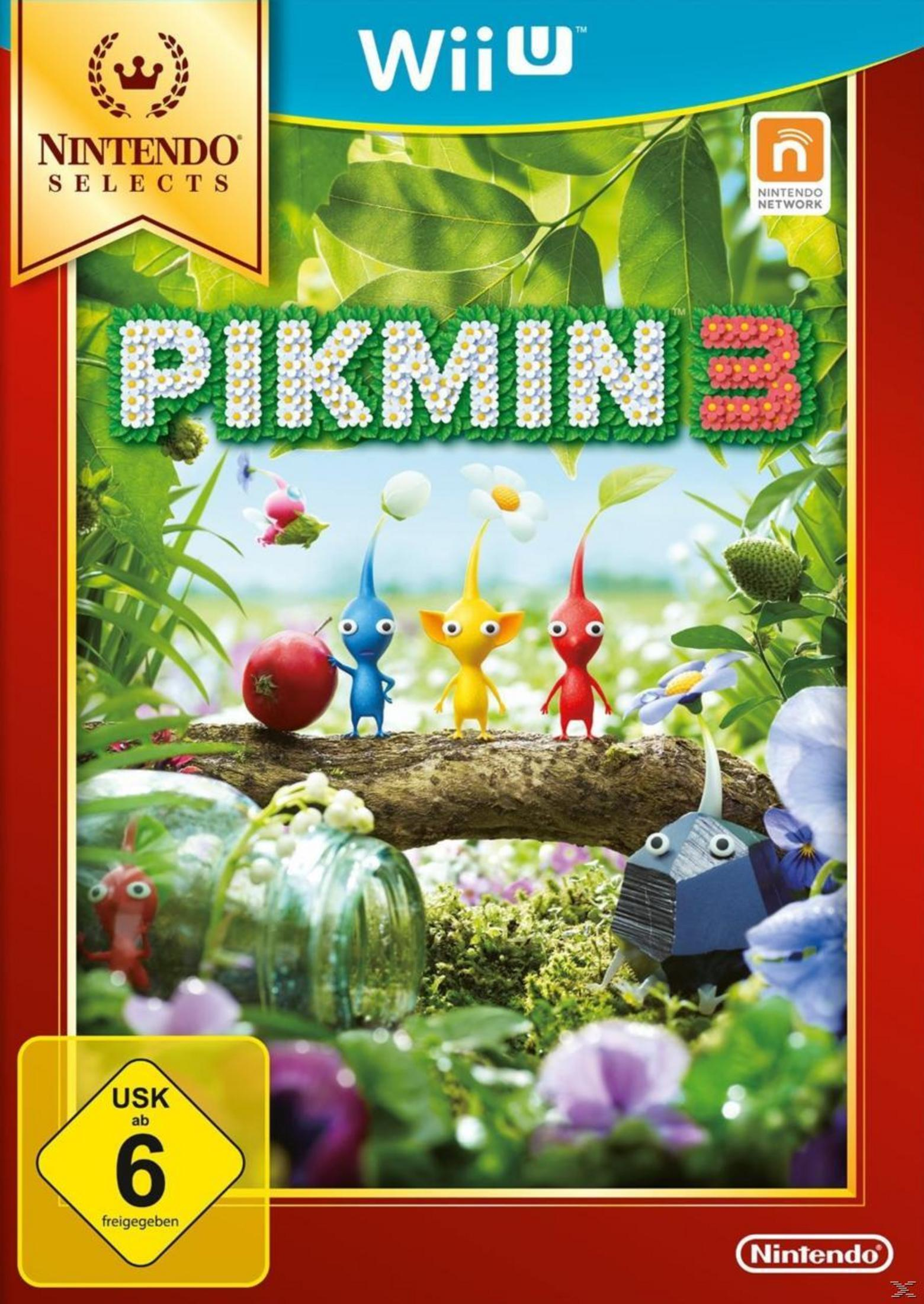 Pikmin 3 Wii U Spielverpackung. Enthält Pikmin-Charaktere in einer üppigen, grünen Umgebung mit einer roten Beere.