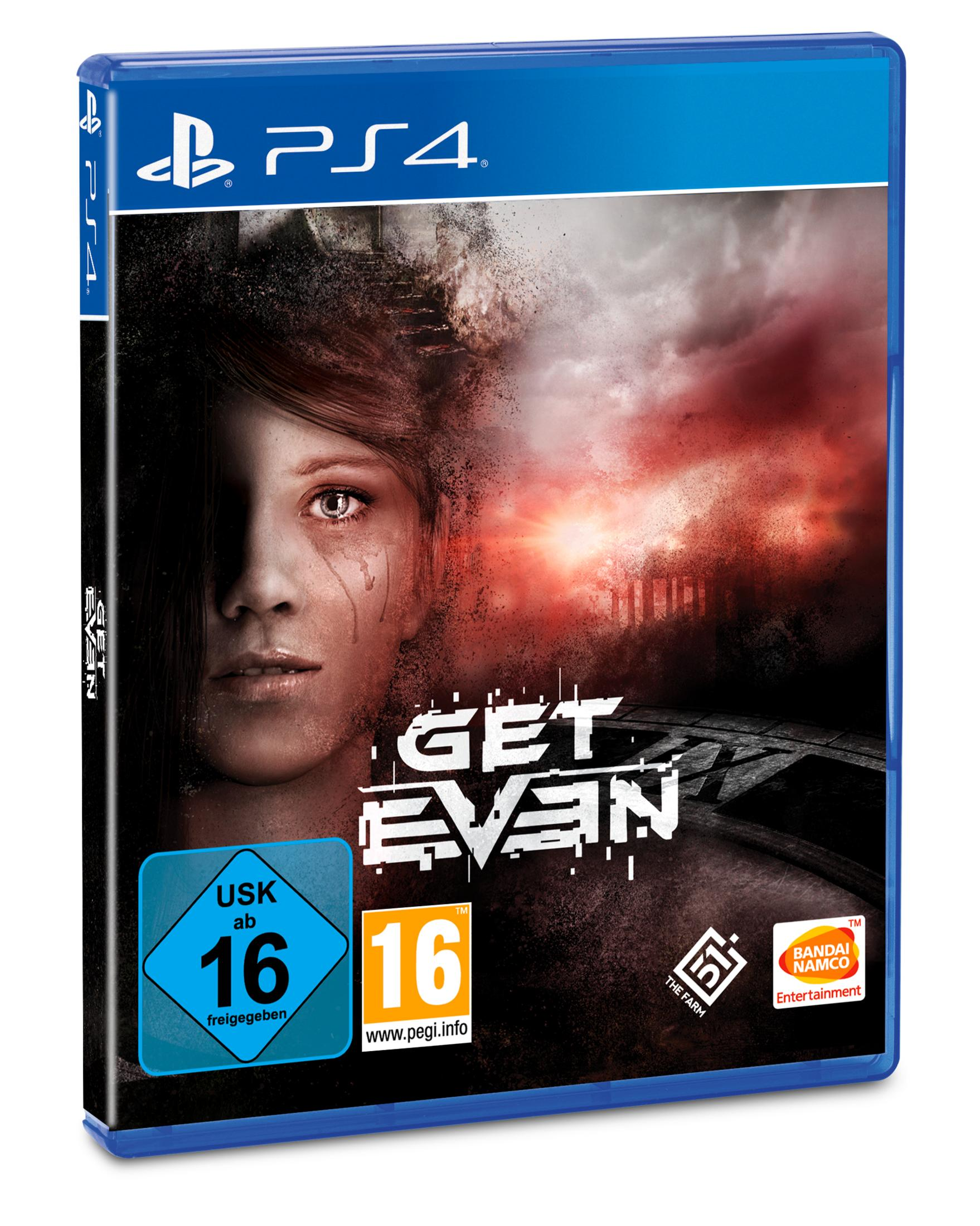 PS4-Spielbox für 'Get Even' mit Frauen-Gesicht und rotem Hintergrund. Blaue Hülle.