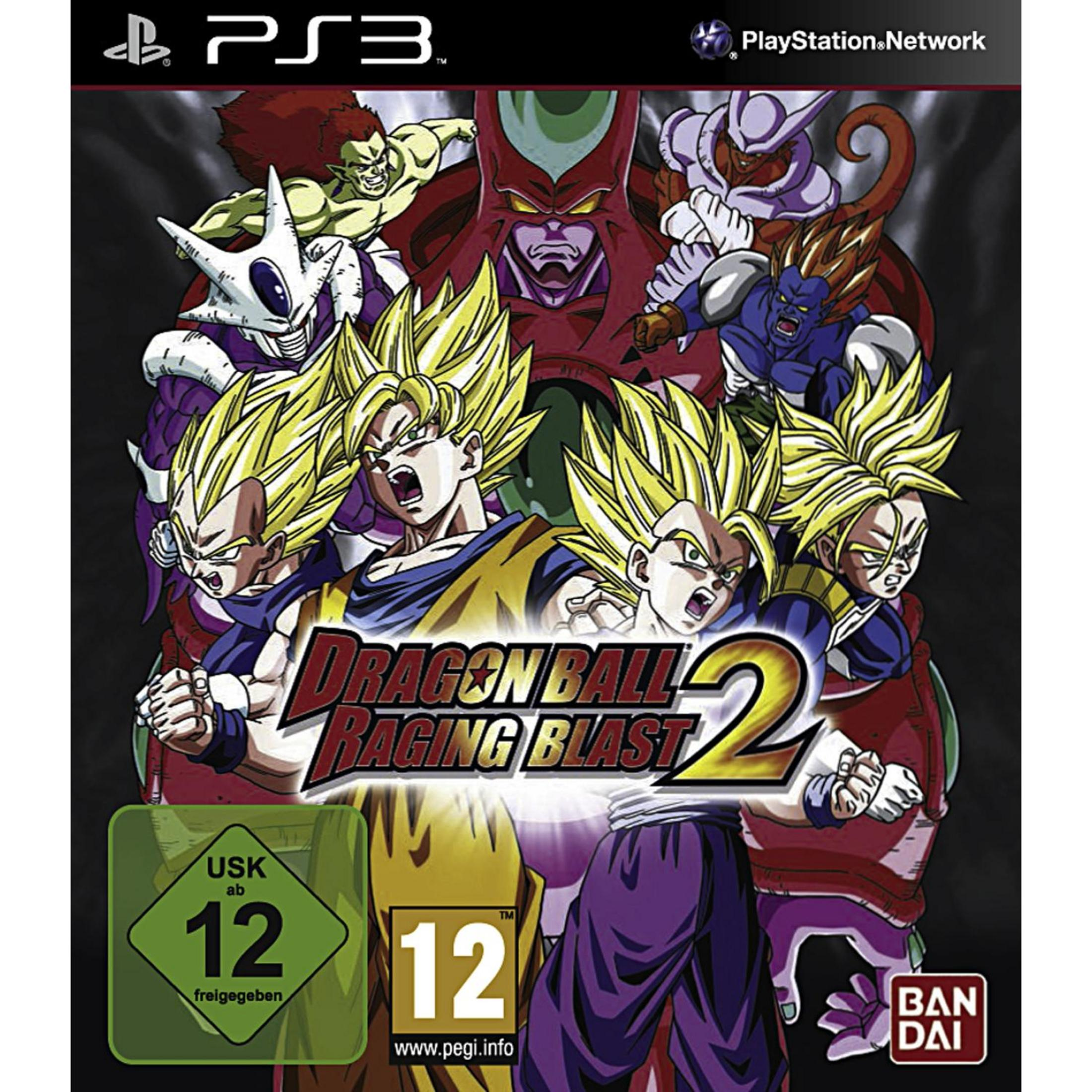 Dragon Ball Raging Blast 2-Spielcover mit Charakteren wie Goku, mit einer USK 12-Bewertung.