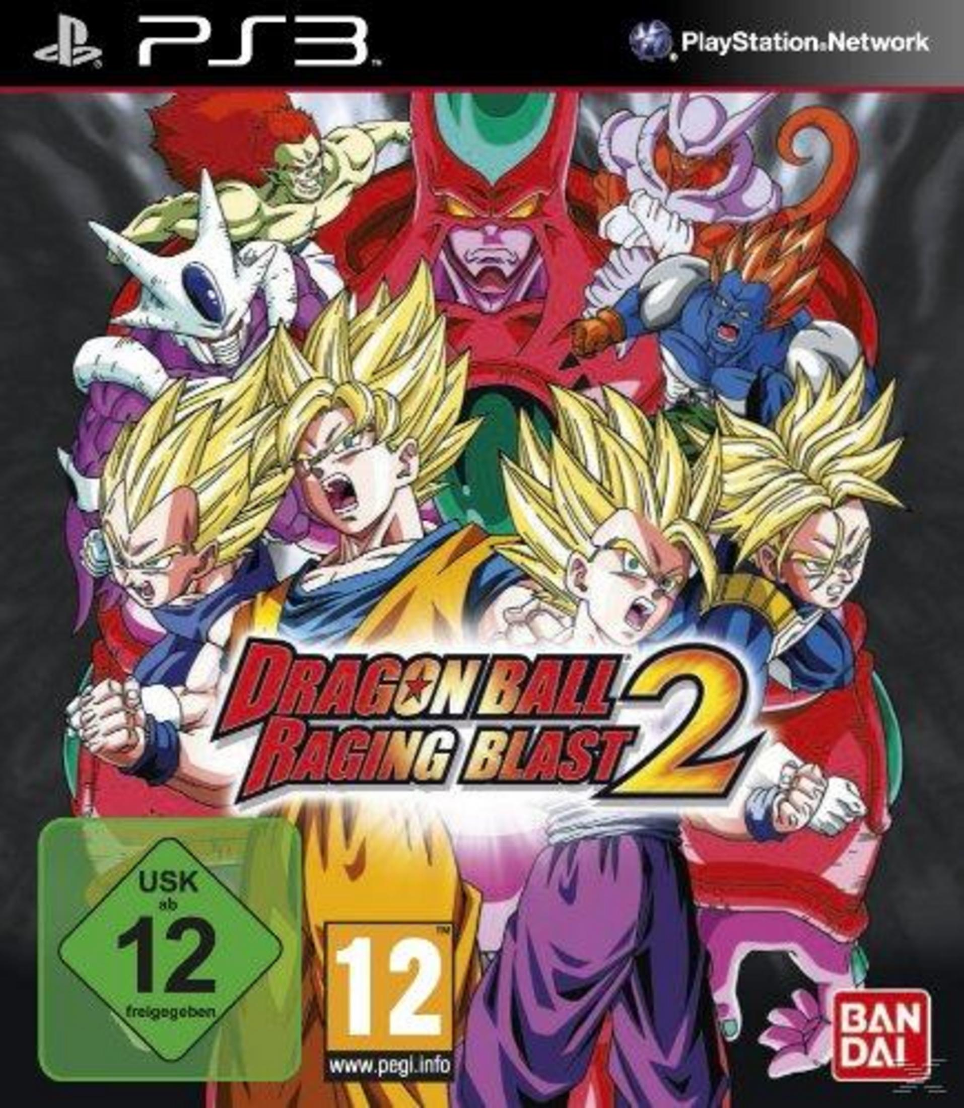 Dragon Ball Raging Blast 2-Spielcover mit verschiedenen Charakteren, darunter Goku, und dem Logo des Spiels.