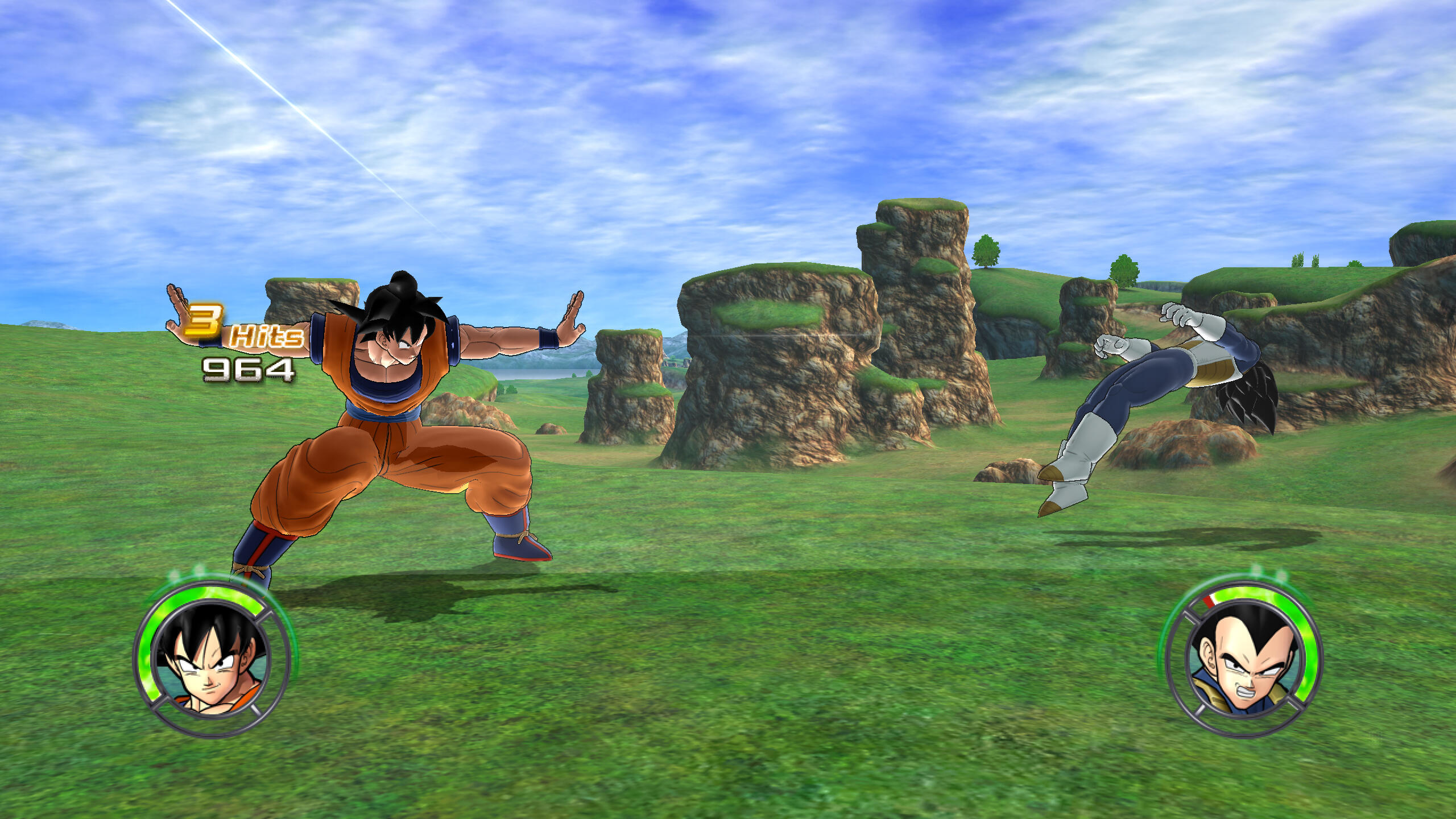 Eine Dragon Ball Z-Kampfspielszene mit Yamcha und Vegeta auf einem grünen Feld.